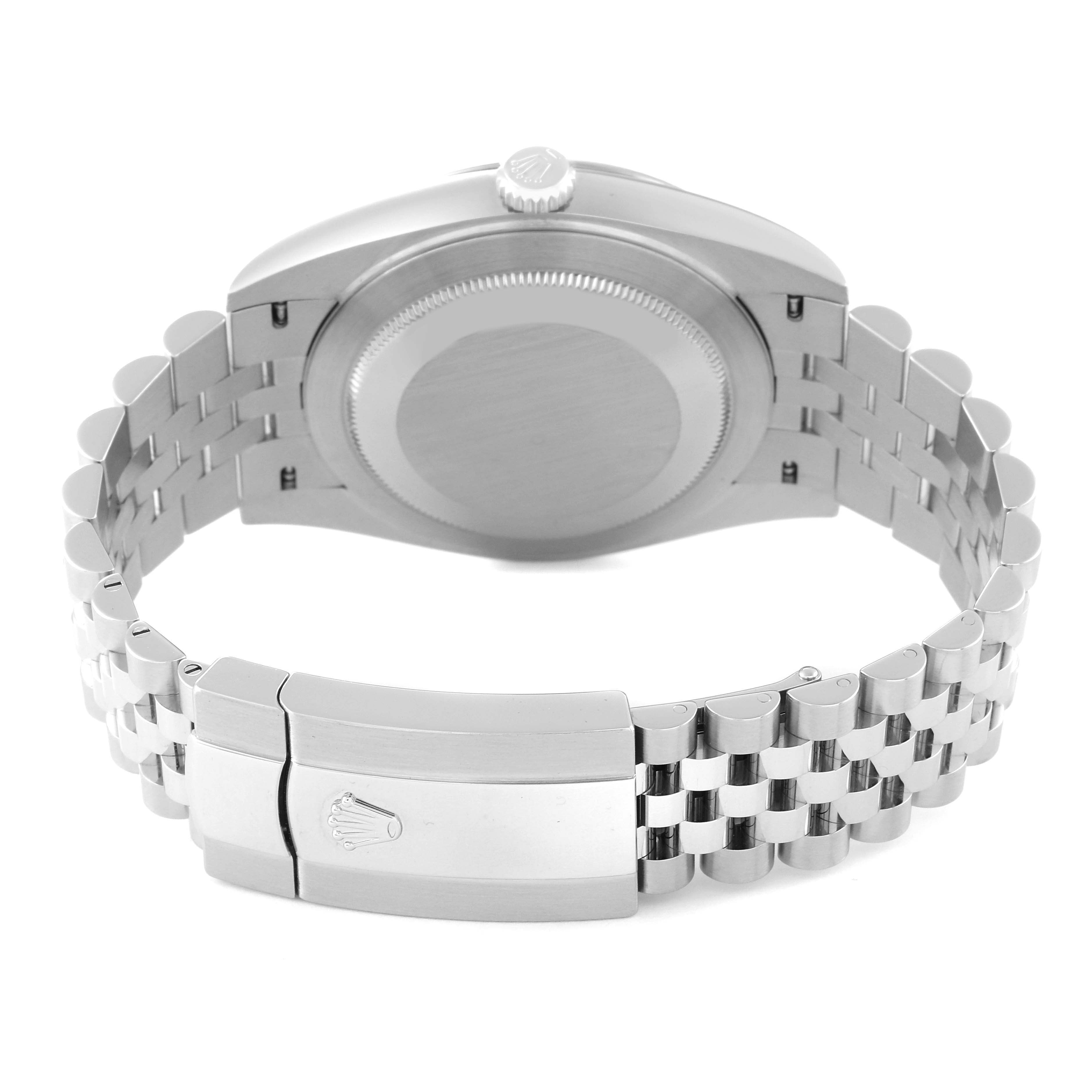 This image shows the back view of a Rolex Datejust 41 126334 Men
s Stainless Steel Blue Dial 126334 Men
s Stainless Steel Blue Dial watch, highlighting the case back, crown, and bracelet clasp.