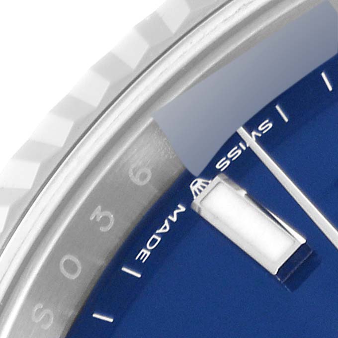 This image shows a close-up of the bezel, dial, and hour marker of the Rolex Datejust 41 126334 Men
s Stainless Steel Blue Dial 126334 Men
s Stainless Steel Blue Dial watch.
