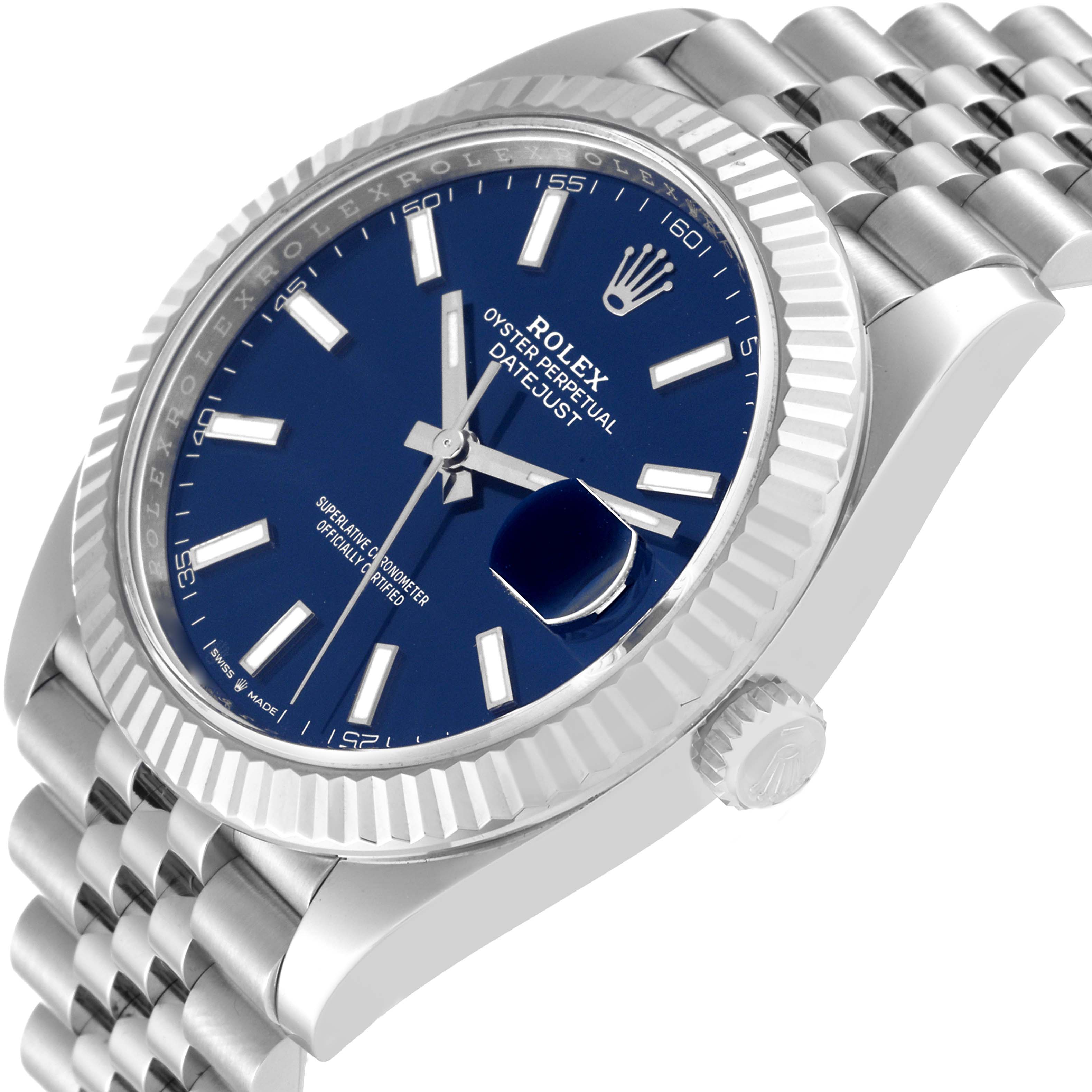 The Rolex Datejust 41 126334 Men
s Stainless Steel Blue Dial 126334 Men
s Stainless Steel Blue Dial watch is shown at an angle highlighting the blue dial, hands, date magnifier, fluted bezel, crown, and bracelet.