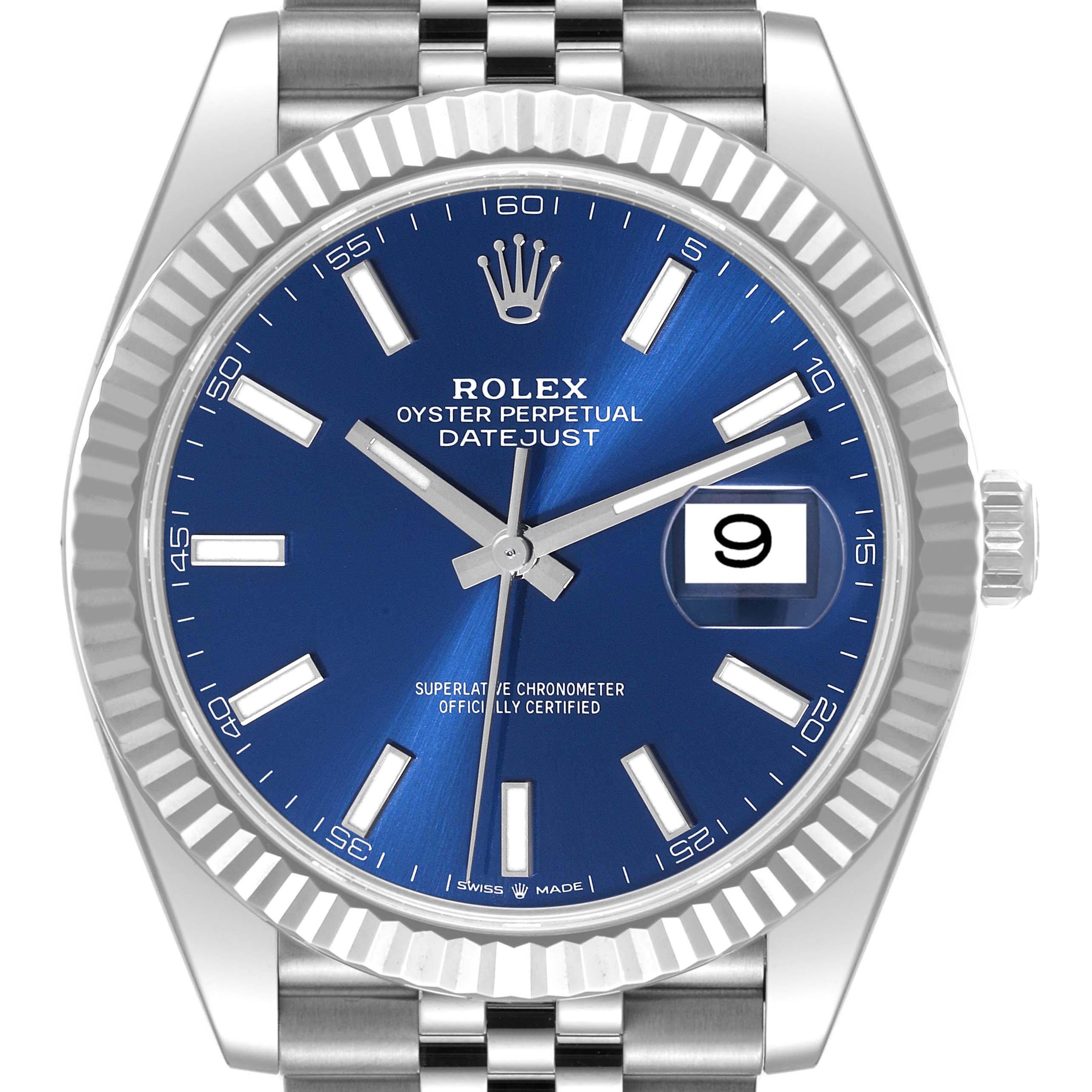 This image shows a Rolex Datejust 41 126334 Men
s Stainless Steel Blue Dial 126334 Men
s Stainless Steel Blue Dial watch from a front angle displaying the dial, hands, date window, and part of the bracelet.