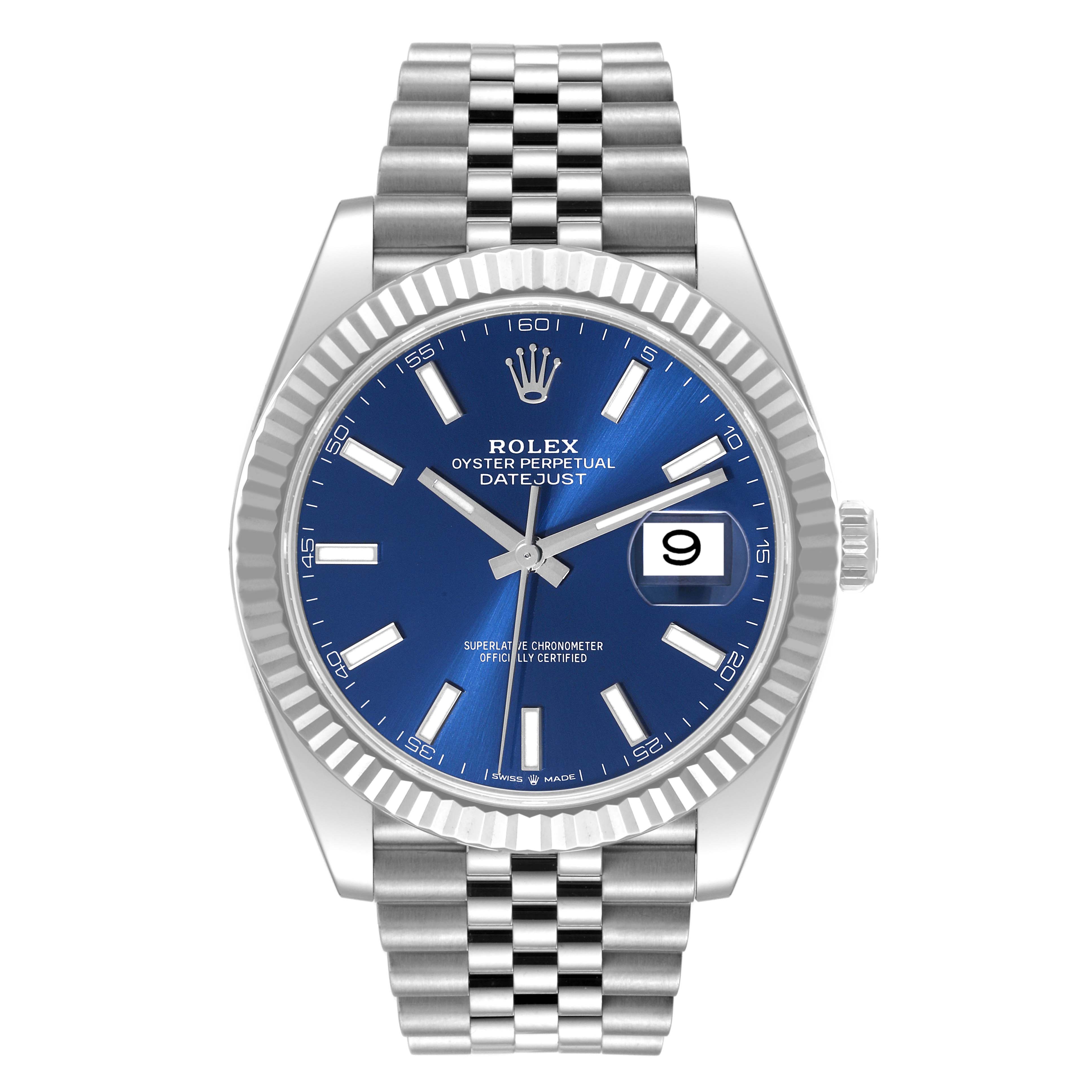 The Rolex Datejust 41 126334 Men
s Stainless Steel Blue Dial 126334 Men
s Stainless Steel Blue Dial model is shown from the front, highlighting its blue dial, fluted bezel, and Jubilee bracelet.