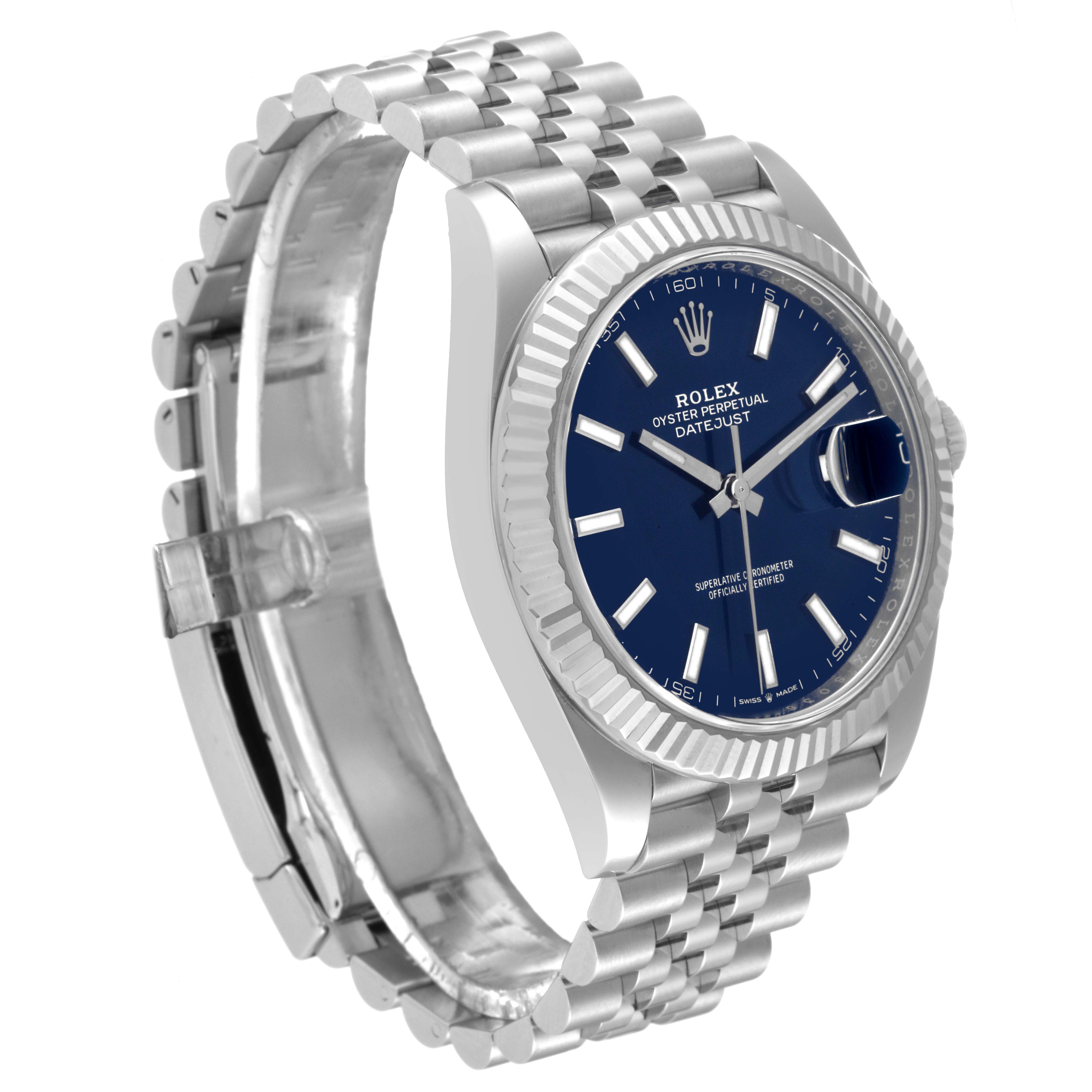 The Rolex Datejust 41 126334 Men
s Stainless Steel Blue Dial 126334 Men
s Stainless Steel Blue Dial watch is shown at a three-quarter angle, highlighting its dial, fluted bezel, and jubilee bracelet.