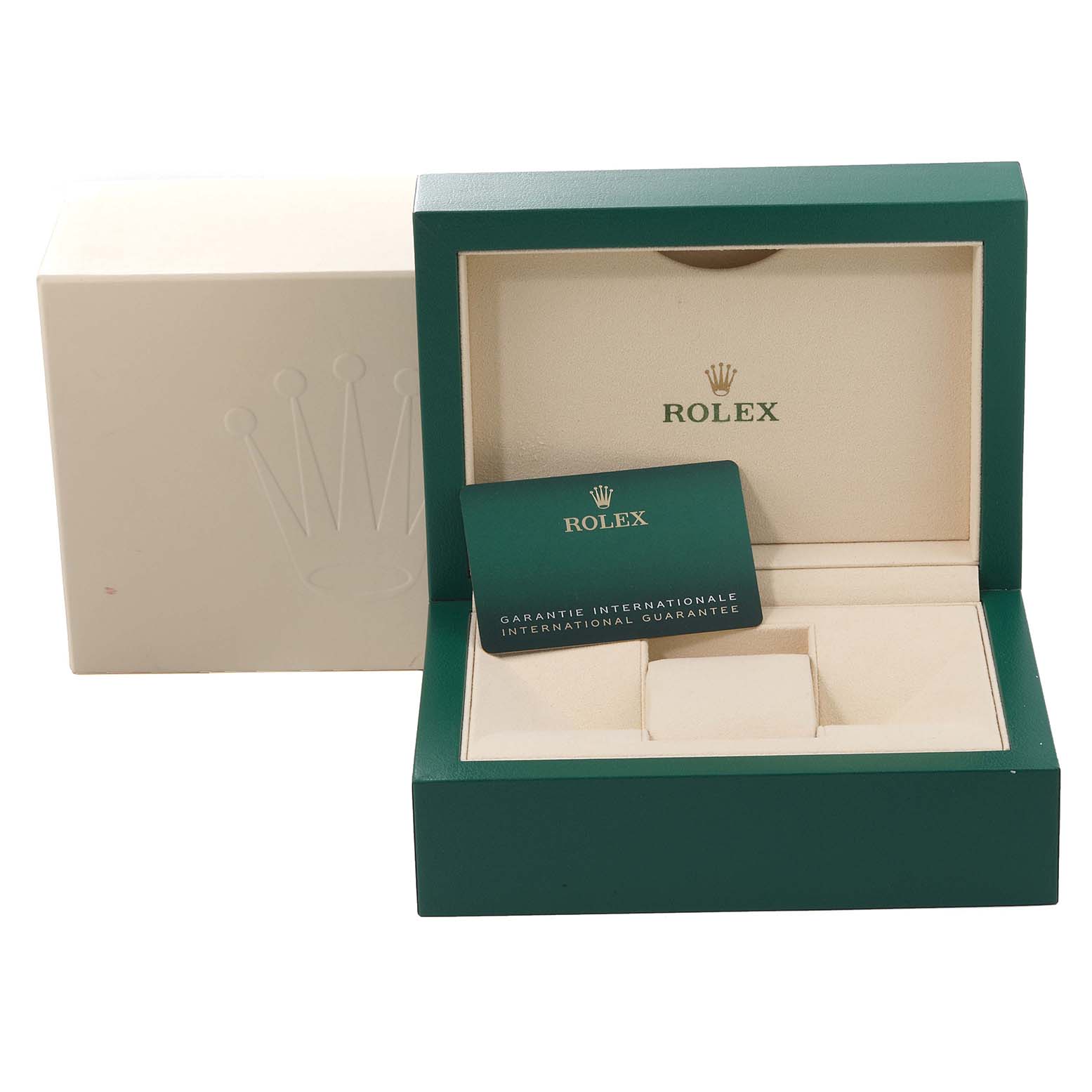 The image shows an open Rolex Datejust 41 126334 Men
s Stainless Steel Blue Dial 126334 Men
s Stainless Steel Blue Dial watch box at a slight angle, revealing an international guarantee card inside.