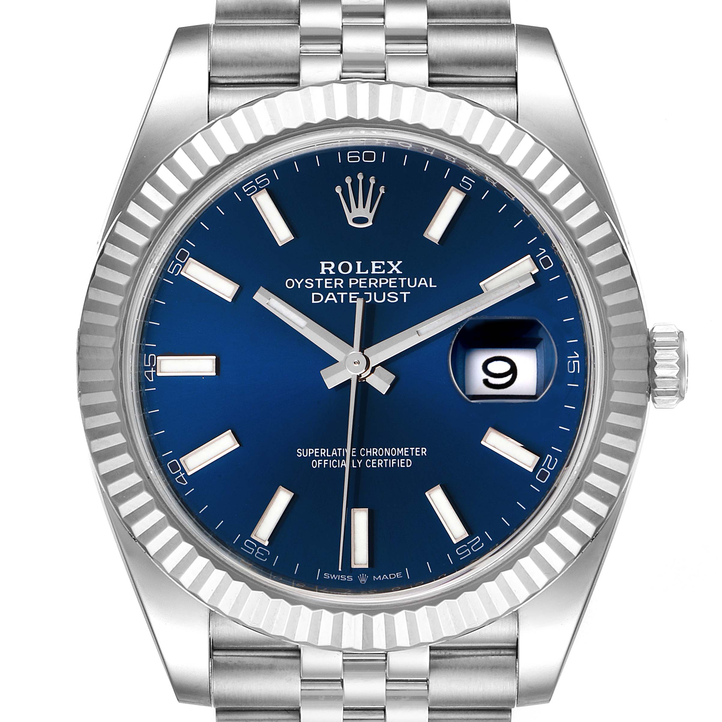 This image shows a Rolex Datejust 41 126334 Men
s Stainless Steel Blue Dial 126334 Men
s Stainless Steel Blue Dial watch from a frontal angle, highlighting the blue dial, date display, and fluted bezel.