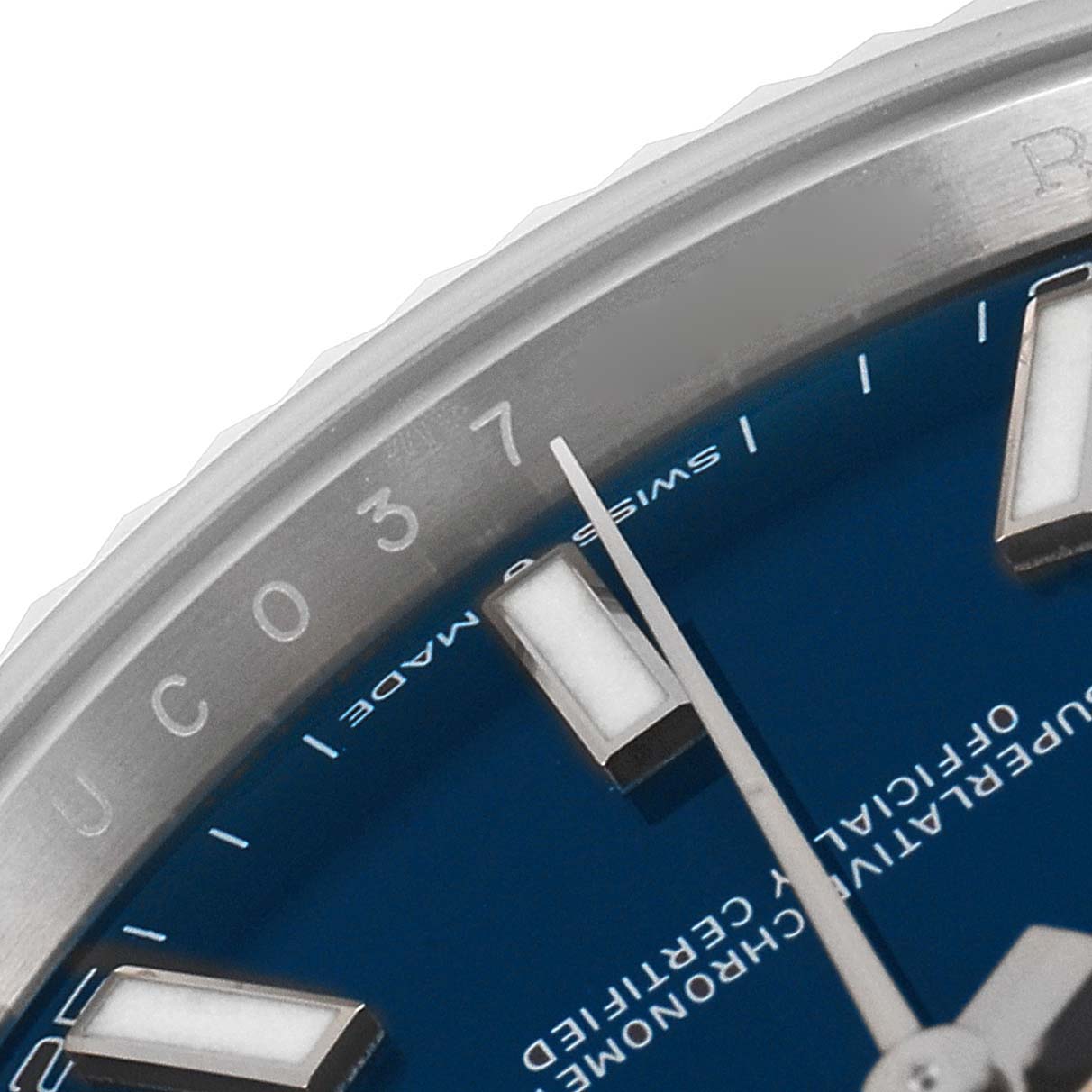This image shows a close-up of the dial and bezel of a Rolex Datejust 41 126334 Men
s Stainless Steel Blue Dial 126334 Men
s Stainless Steel Blue Dial watch.