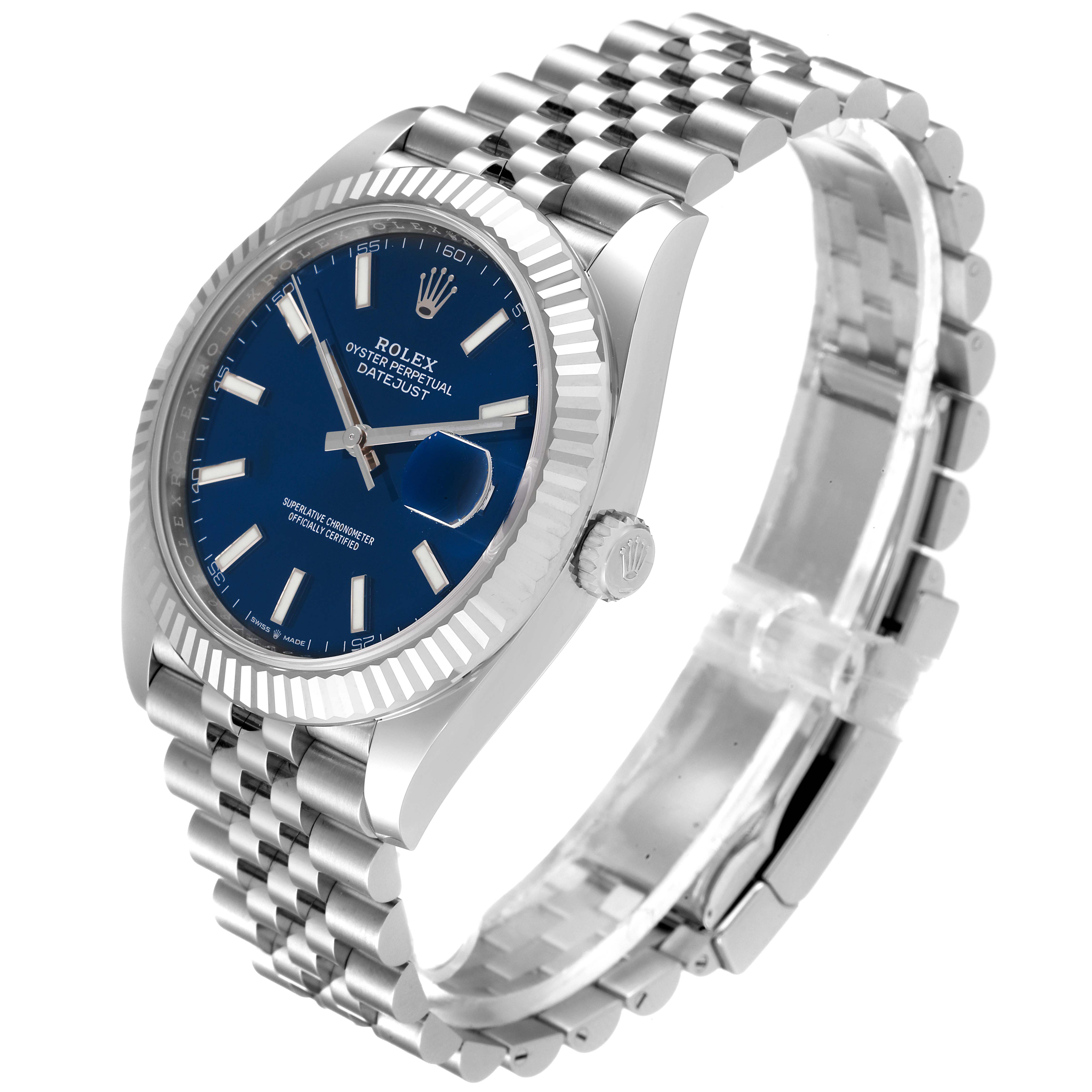 The image shows a Rolex Datejust 41 126334 Men
s Stainless Steel Blue Dial 126334 Men
s Stainless Steel Blue Dial watch at a 3/4 angle emphasizing its blue dial, fluted bezel, and jubilee bracelet.