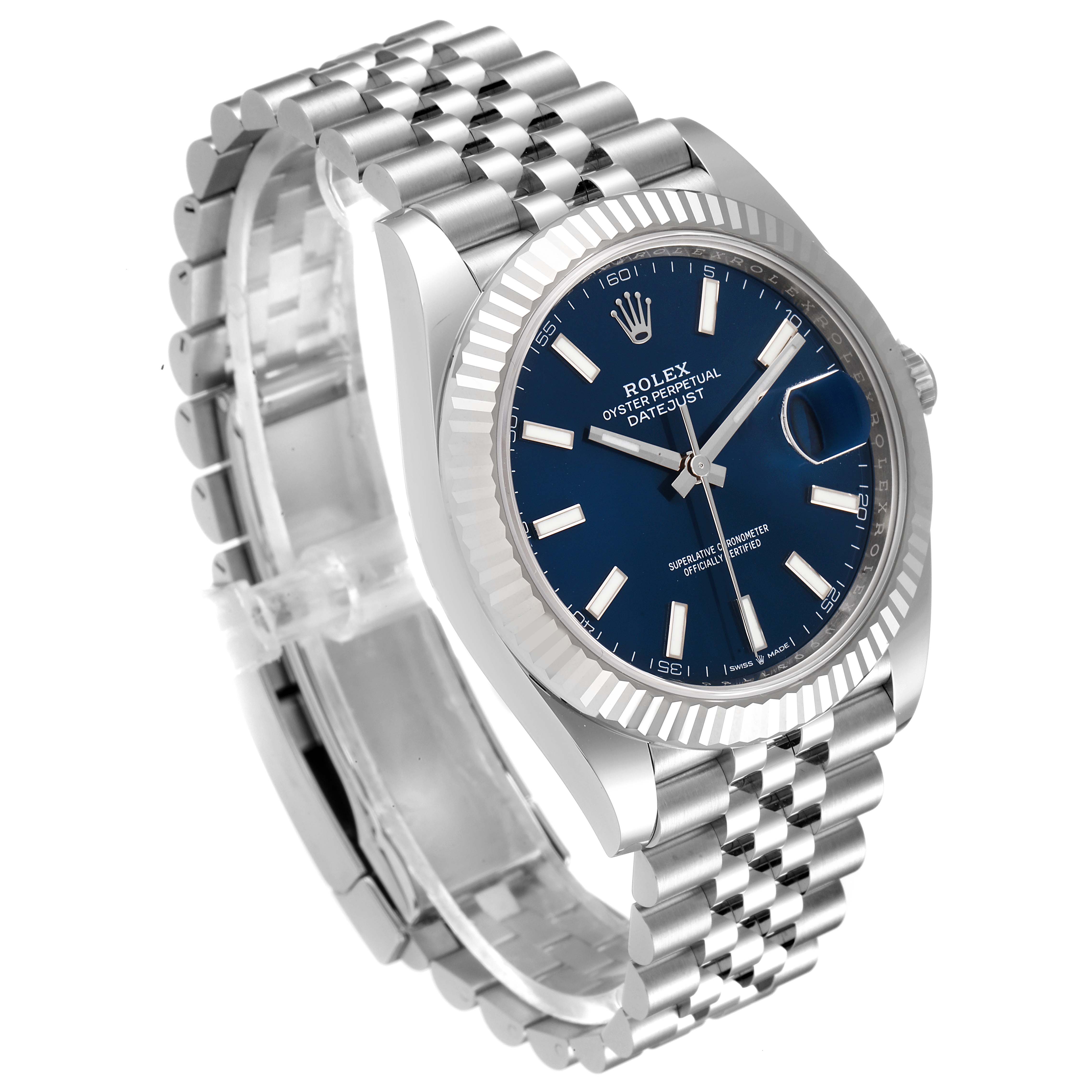 The Rolex Datejust 41 126334 Men
s Stainless Steel Blue Dial 126334 Men
s Stainless Steel Blue Dial watch is shown at an angled side view, highlighting its blue dial, fluted bezel, and Jubilee bracelet.