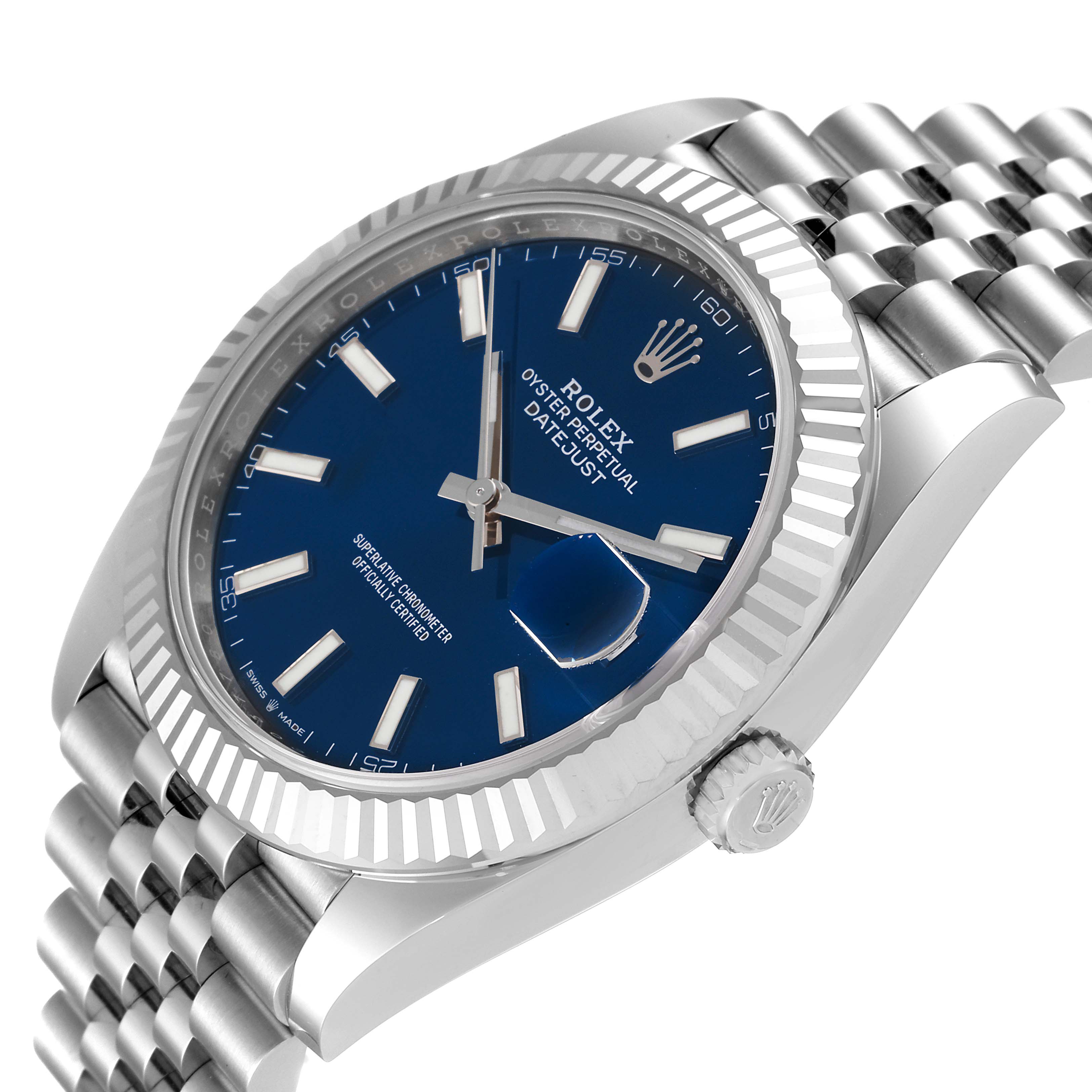 This image shows an angled view of a Rolex Datejust 41 126334 Men
s Stainless Steel Blue Dial 126334 Men
s Stainless Steel Blue Dial watch, highlighting the face, bezel, and bracelet.