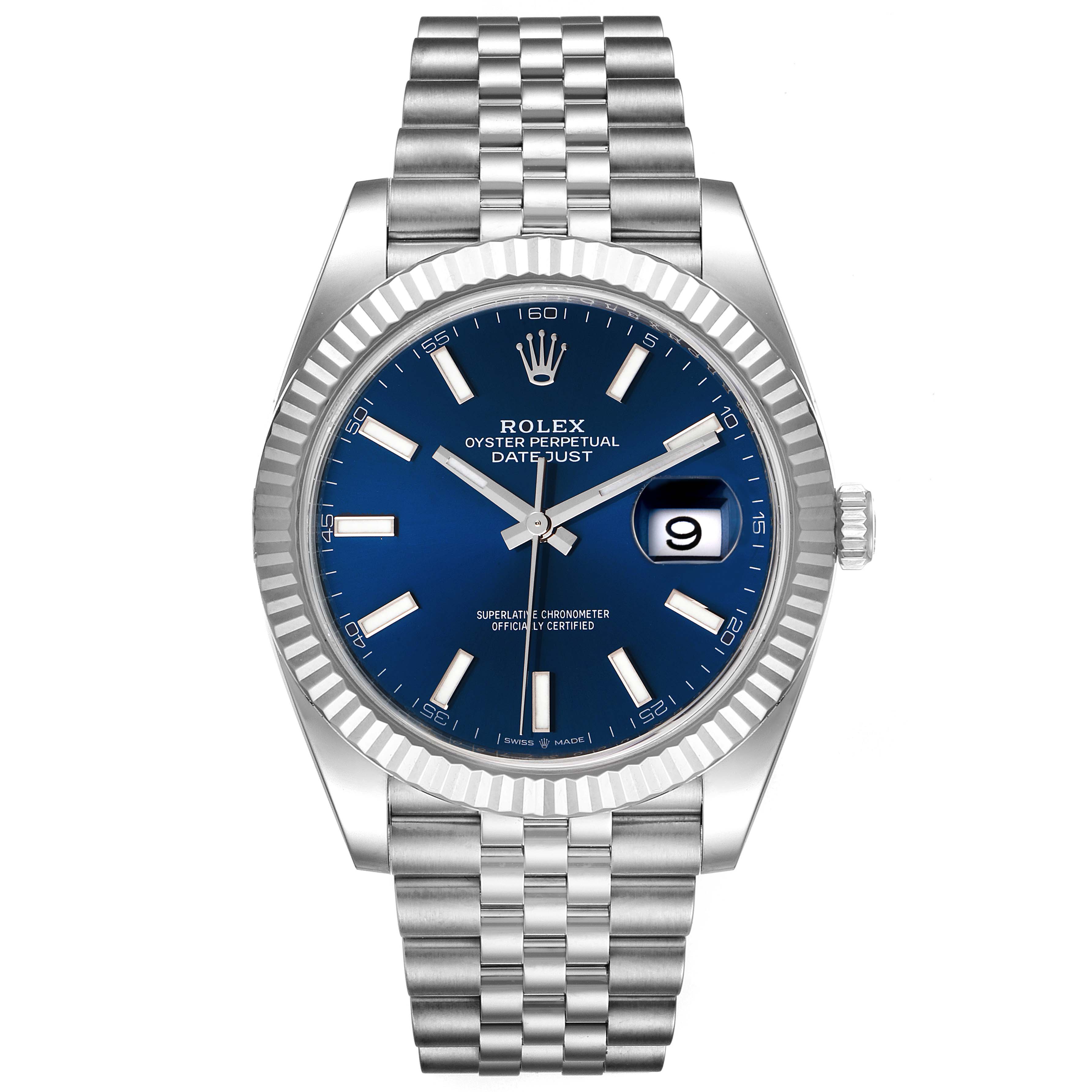 The image shows a front view of the Rolex Datejust 41 126334 Men
s Stainless Steel Blue Dial 126334 Men
s Stainless Steel Blue Dial watch, highlighting its blue dial, date window, and Jubilee bracelet.