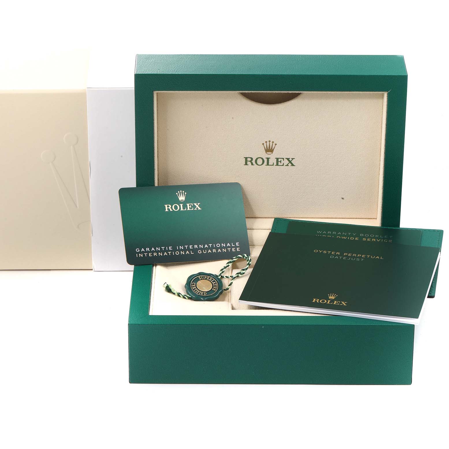 The image depicts the box and accessories of a Rolex Datejust 41 126334 Men
s Stainless Steel Blue Dial 126334 Men
s Stainless Steel Blue Dial, including warranty cards and booklets, viewed from the front.
