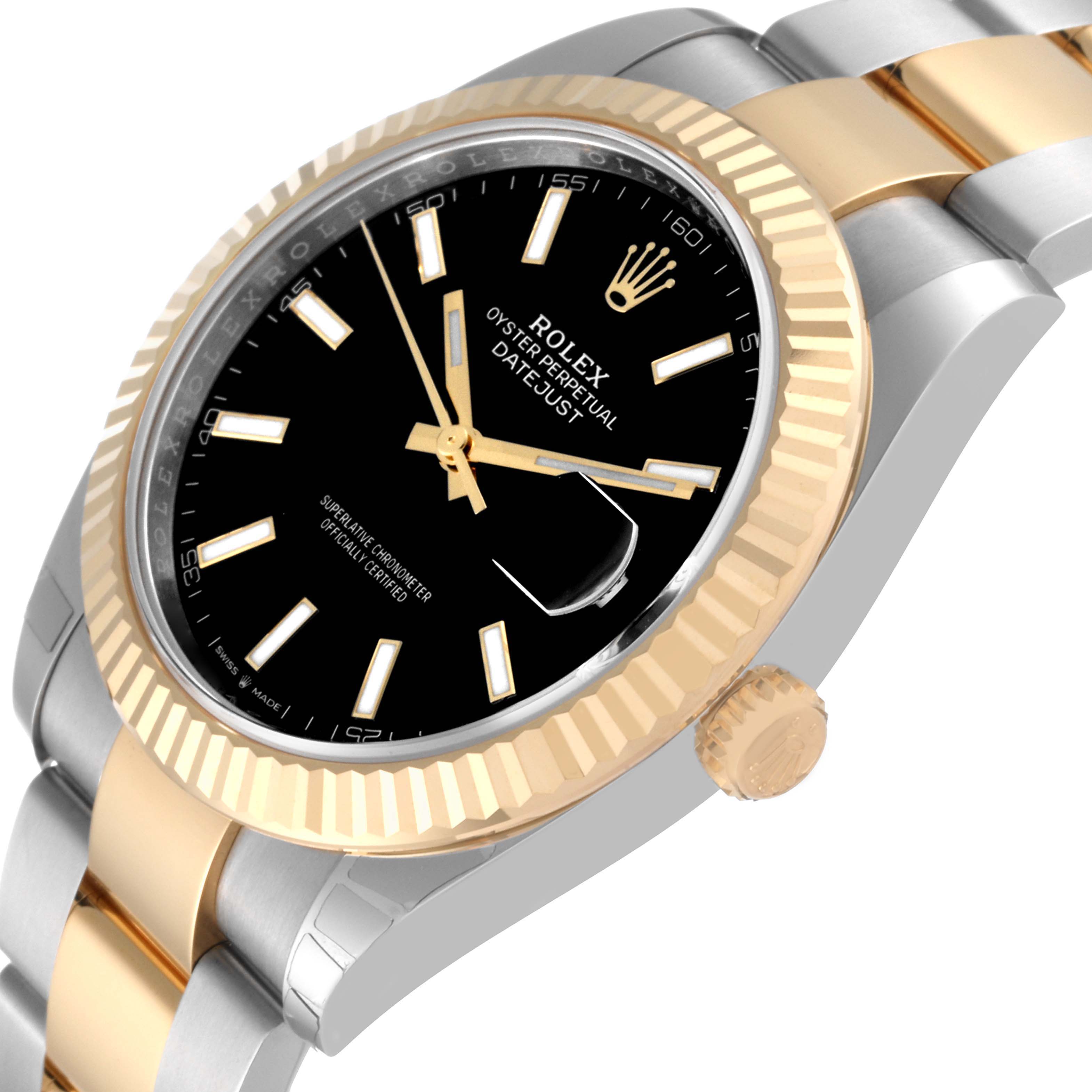 The image shows a close-up, angled view of the Rolex Datejust 41 126333 Men's Steel and Gold (two tone) Black Dial 126333 Men's Steel and Gold (two tone) Black Dial watch, highlighting the dial, bezel, and bracelet.