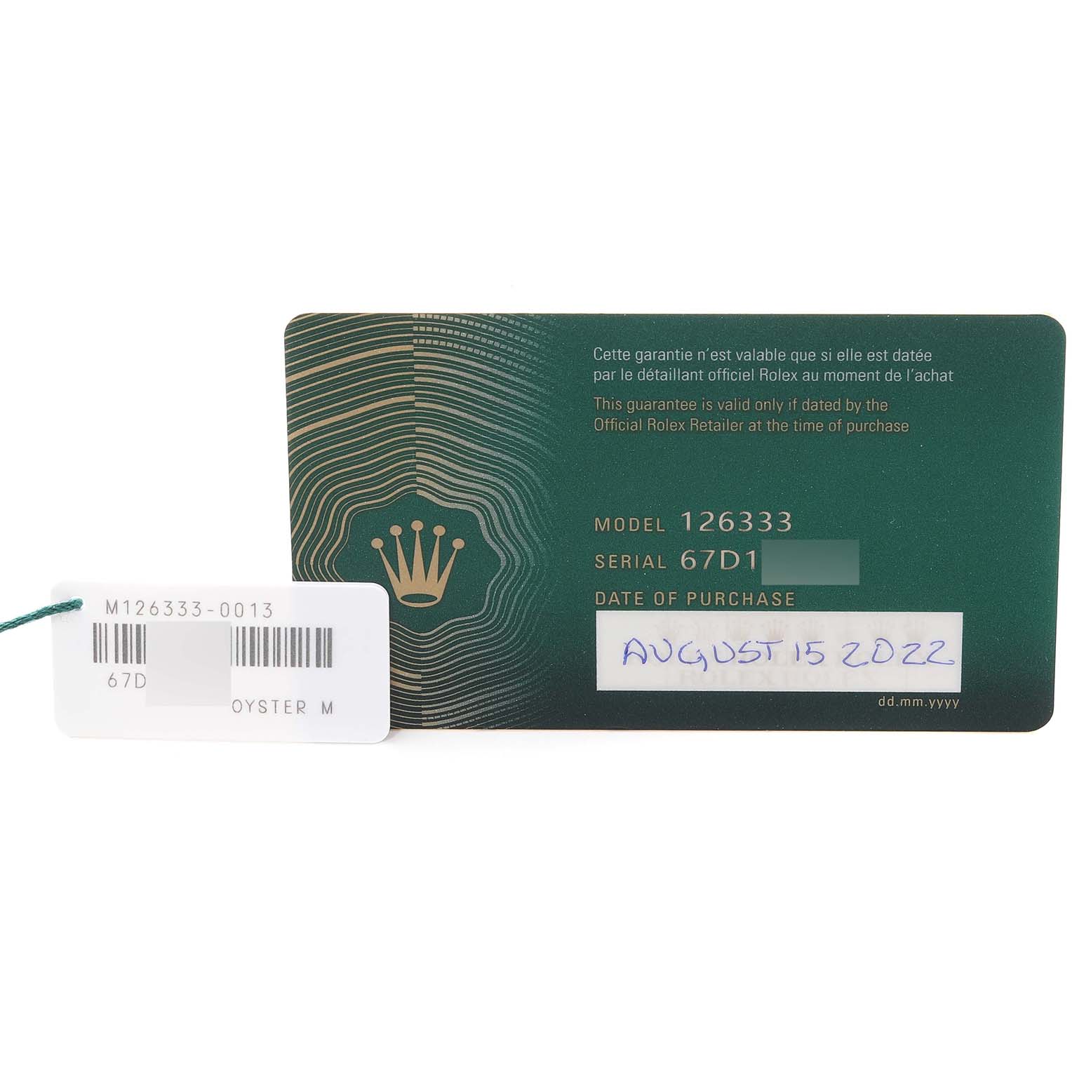 The image shows the guarantee card and tag for the Rolex Datejust 41 126333 Men's Steel and Gold (two tone) Black Dial 126333 Men's Steel and Gold (two tone) Black Dial model, including model number, serial number, and purchase date.