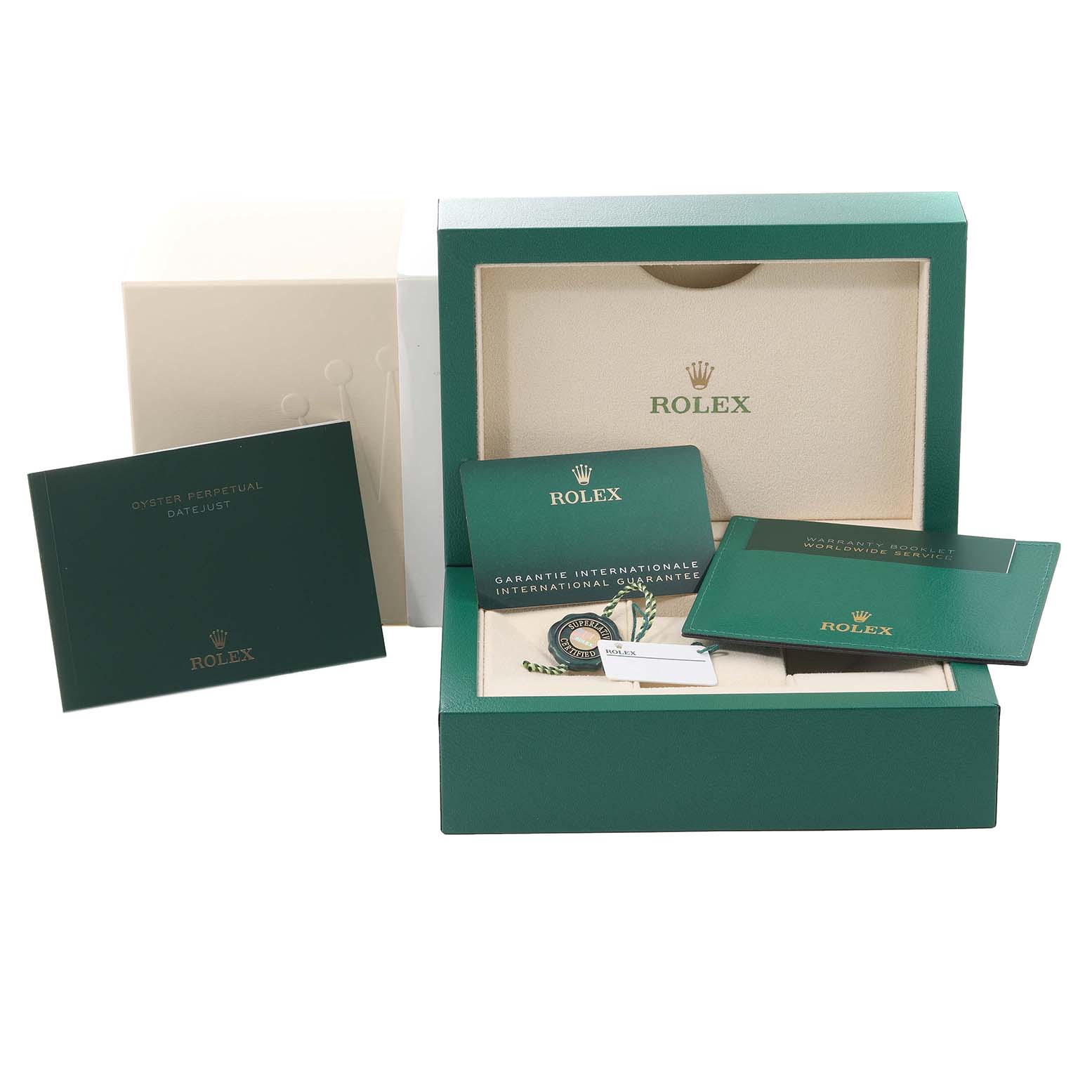 The image shows the packaging and documents included with the Datejust 41 model by Rolex from a front angle.