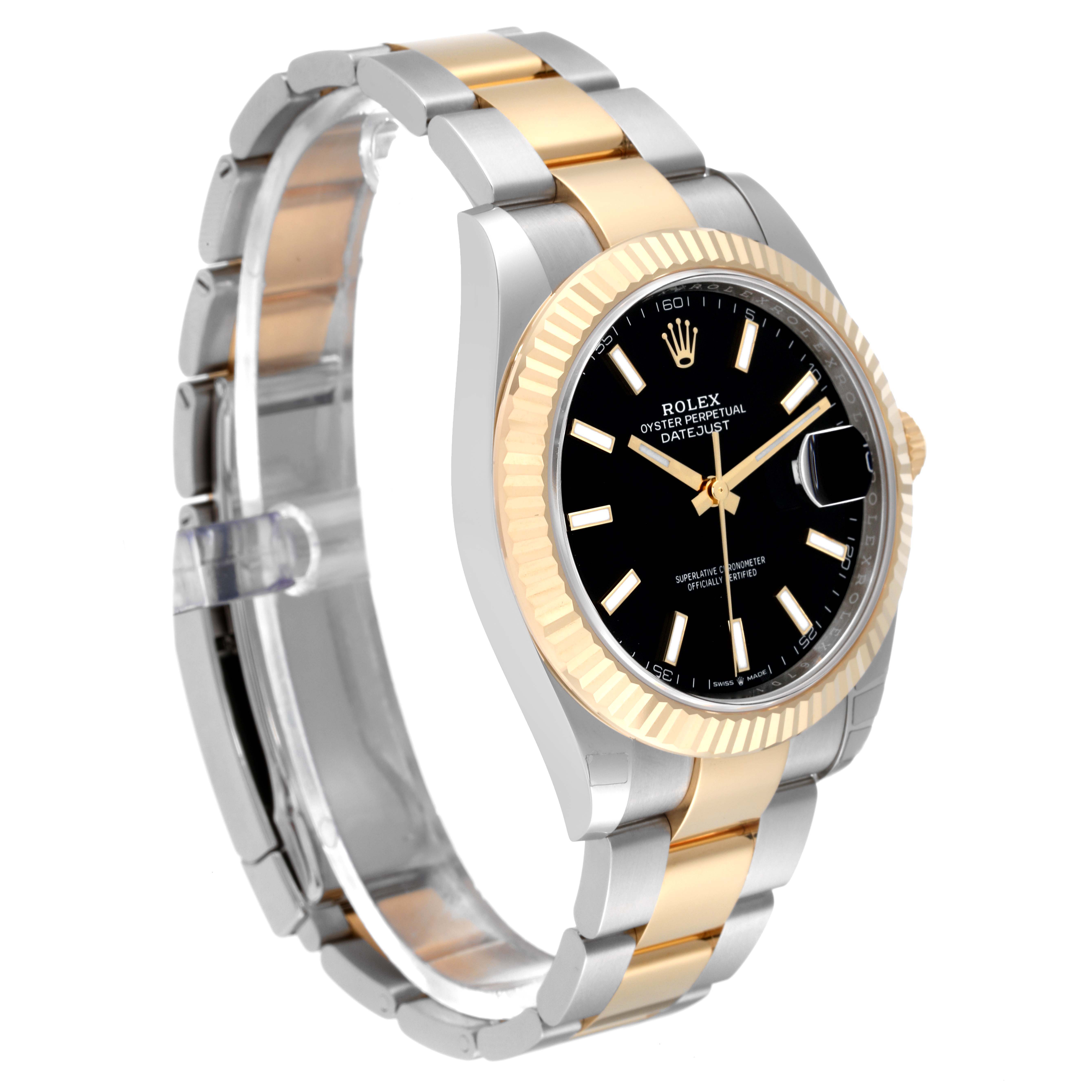 The image shows a side-angle view of a Rolex Datejust 41 126333 Men's Steel and Gold (two tone) Black Dial 126333 Men's Steel and Gold (two tone) Black Dial watch, highlighting its two-tone bracelet and bezel.