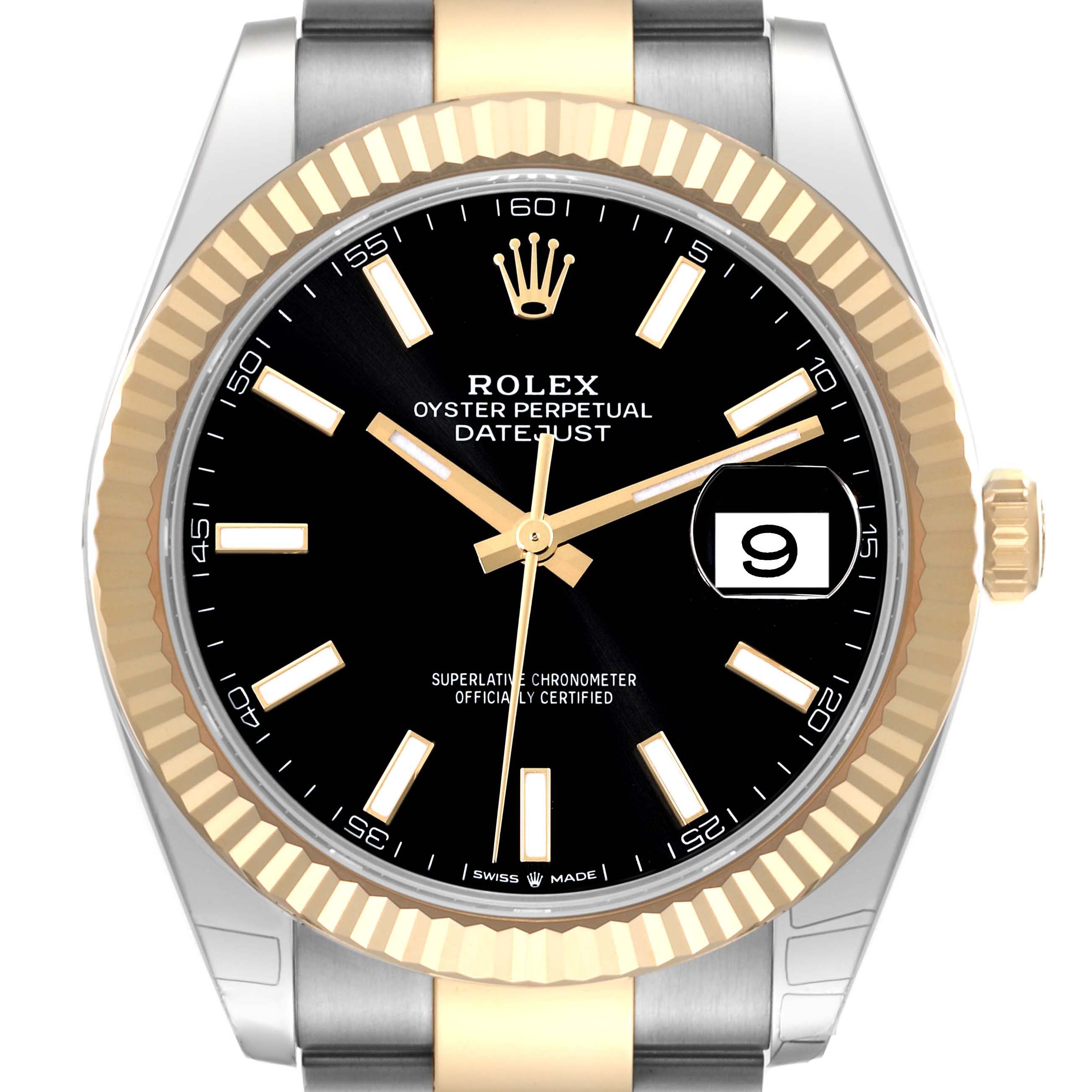 The image shows a front view of the Rolex Datejust 41 126333 Men's Steel and Gold (two tone) Black Dial 126333 Men's Steel and Gold (two tone) Black Dial watch, highlighting the dial, bezel, and part of the bracelet.