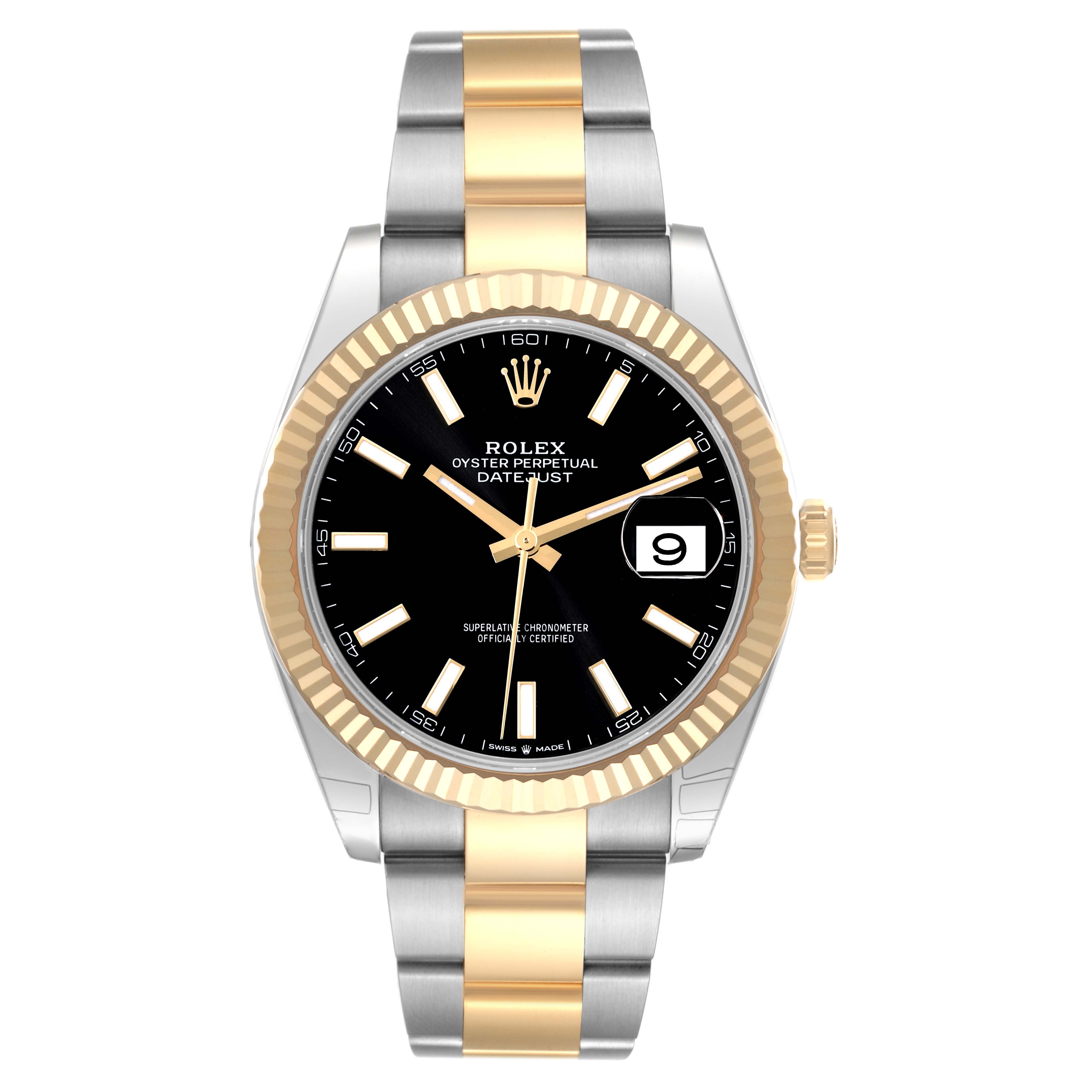 The image shows a front view of a Rolex Datejust 41 126333 Men's Steel and Gold (two tone) Black Dial 126333 Men's Steel and Gold (two tone) Black Dial watch, highlighting its black dial, date display, and two-tone bracelet.