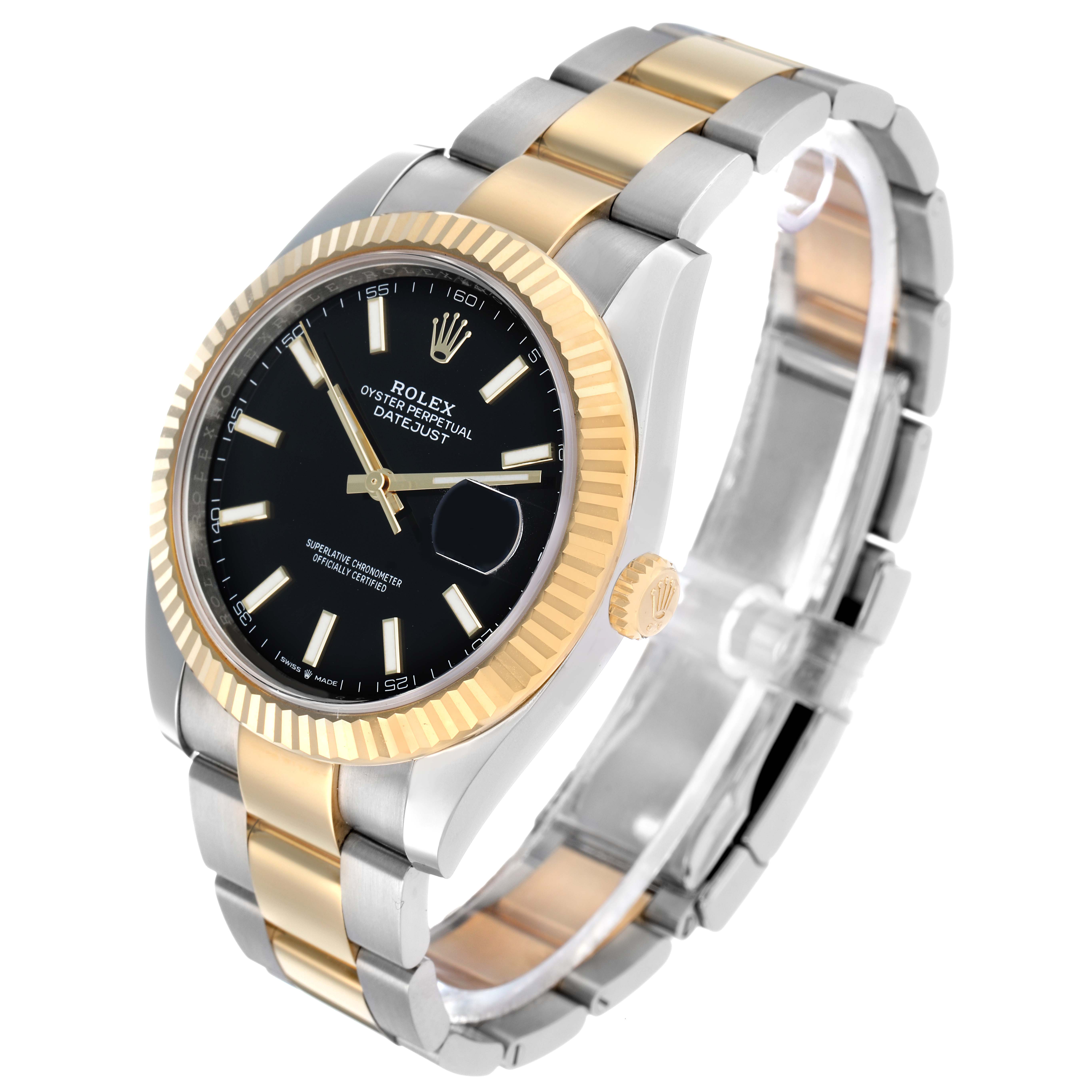 The Rolex Datejust 41 126333 Men's Steel and Gold (two tone) Black Dial is shown at an angle displaying the face, bezel, crown, and a two-tone bracelet.