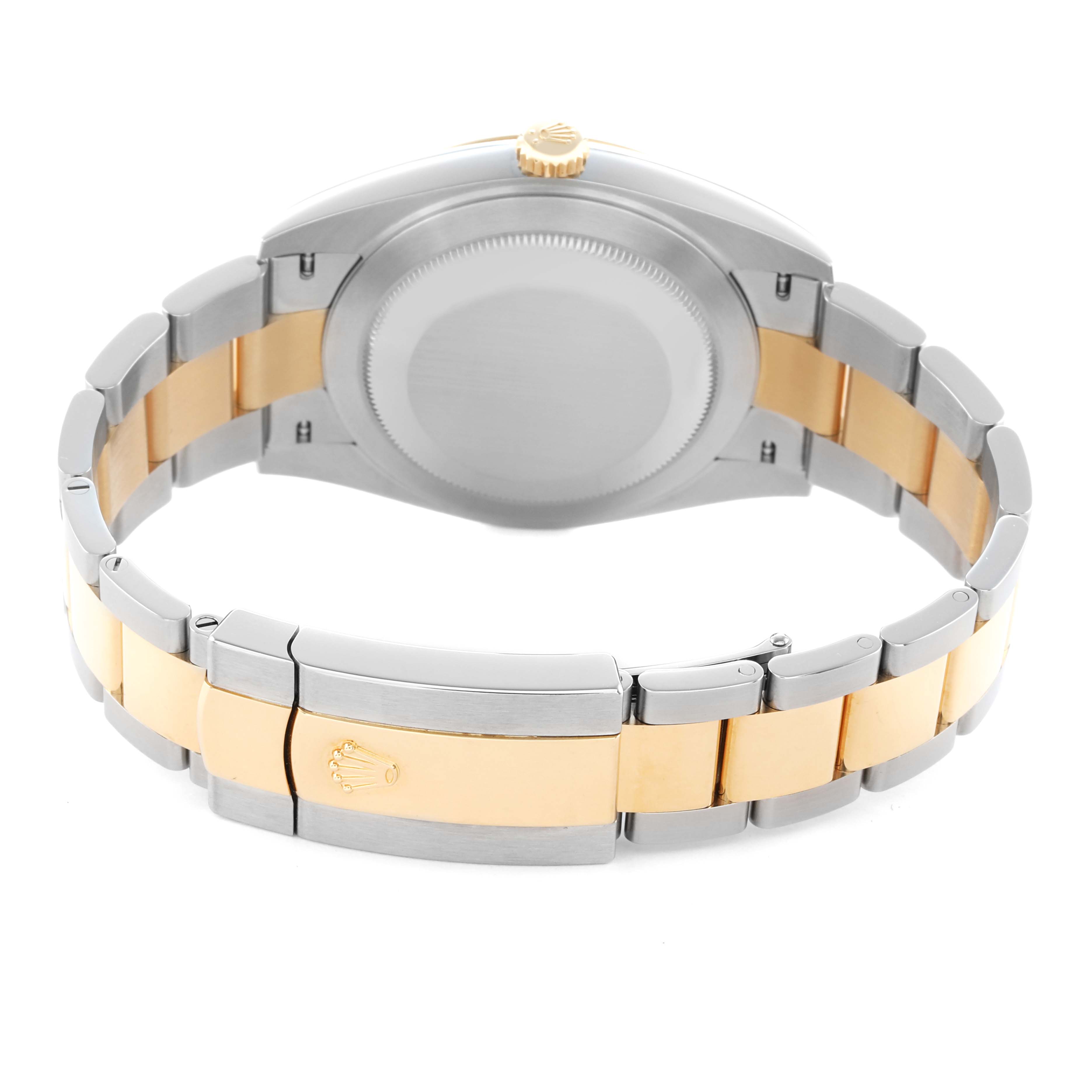 The Rolex Datejust 41 126333 Men's Steel and Gold (two tone) Black Dial is shown from the back, highlighting the case back and two-tone bracelet with a crown on the clasp.