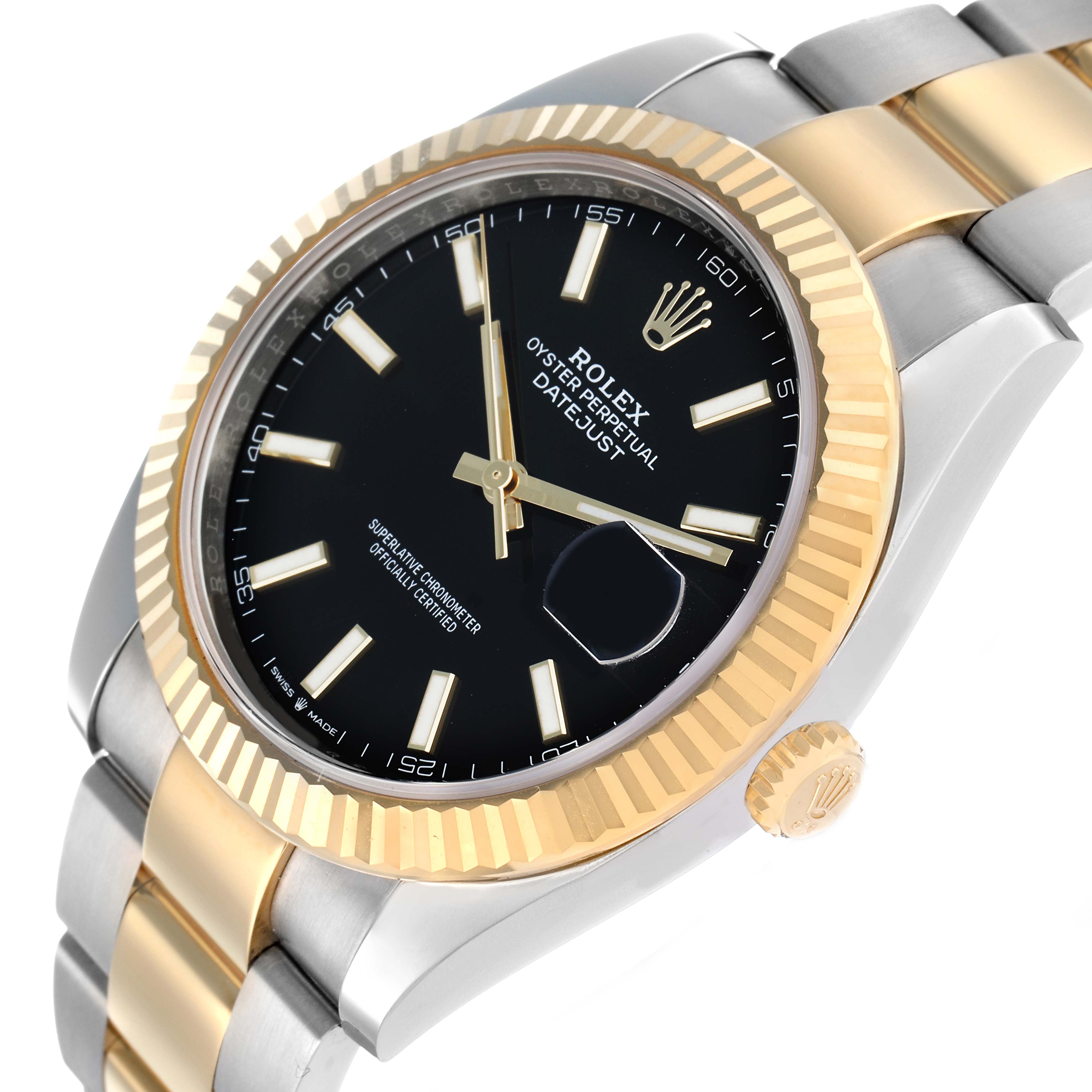 The Rolex Datejust 41 126333 Men's Steel and Gold (two tone) Black Dial is shown at a three-quarter angle, highlighting its fluted bezel, bracelet, crown, and black dial.