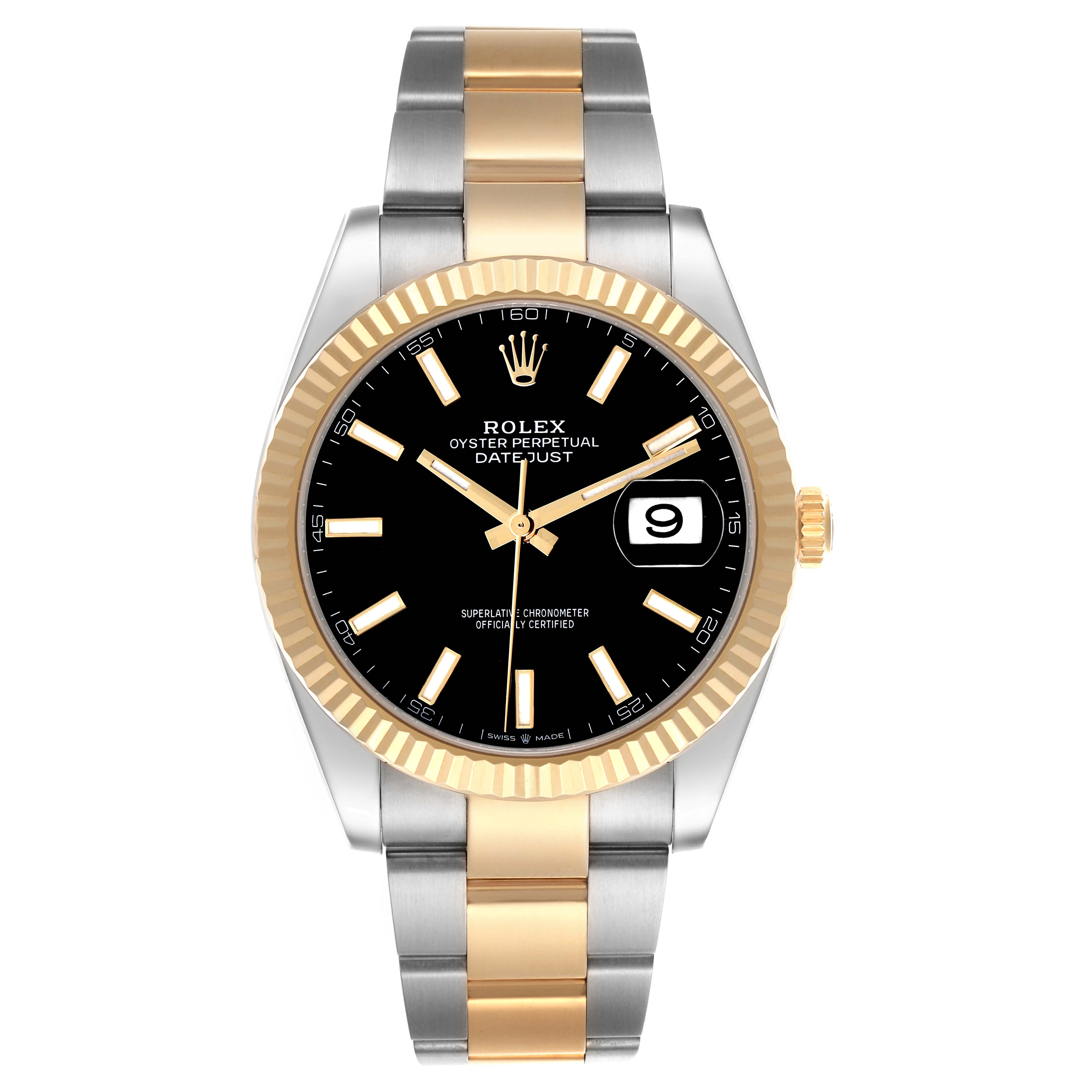 The Rolex Datejust 41 126333 Men's Steel and Gold (two tone) Black Dial is shown from the front, highlighting its black dial, fluted bezel, and two-tone bracelet.