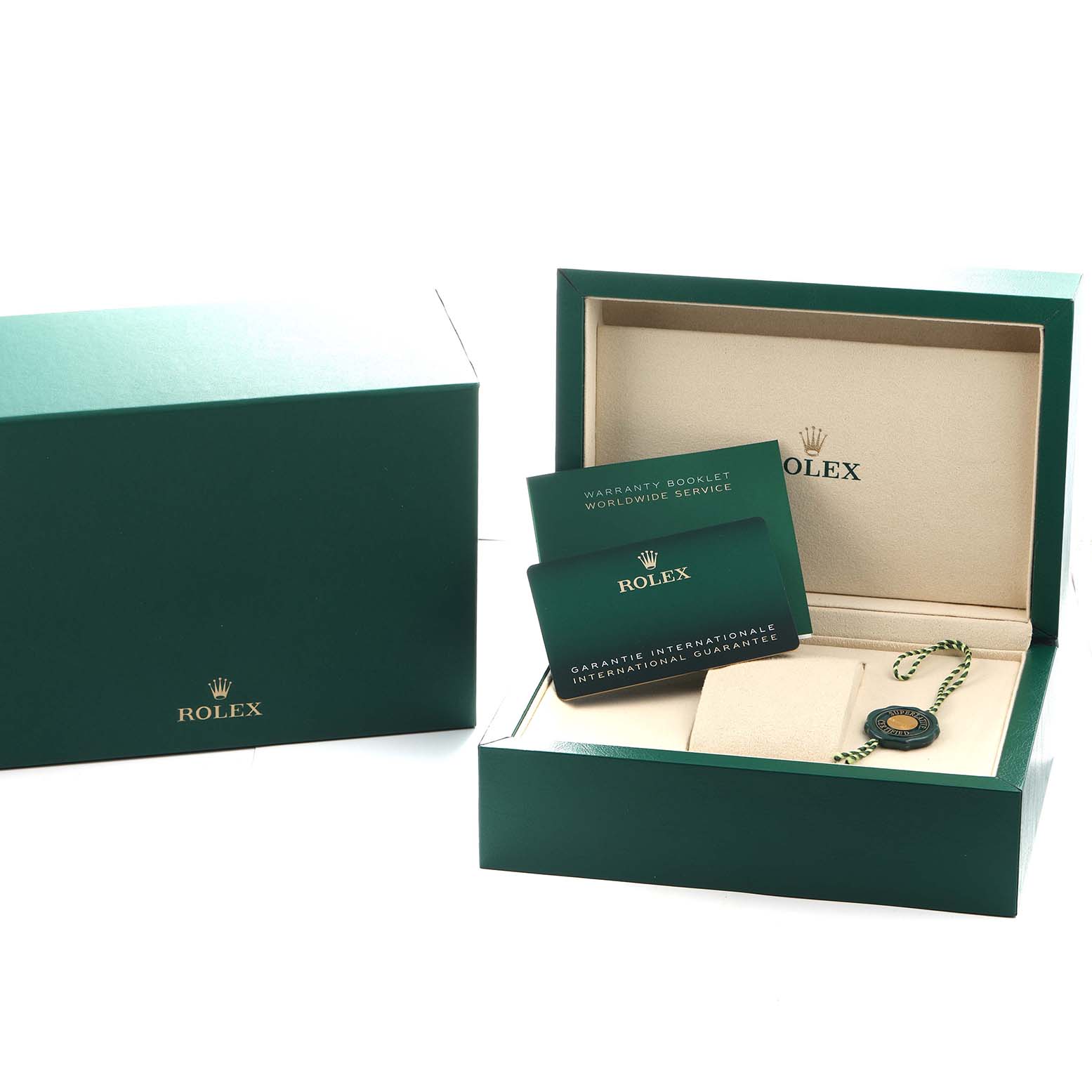 The image shows a Rolex Datejust 41 126333 Men's Steel and Gold (two tone) Black Dial box, warranty cards, and tag with no watch visible.