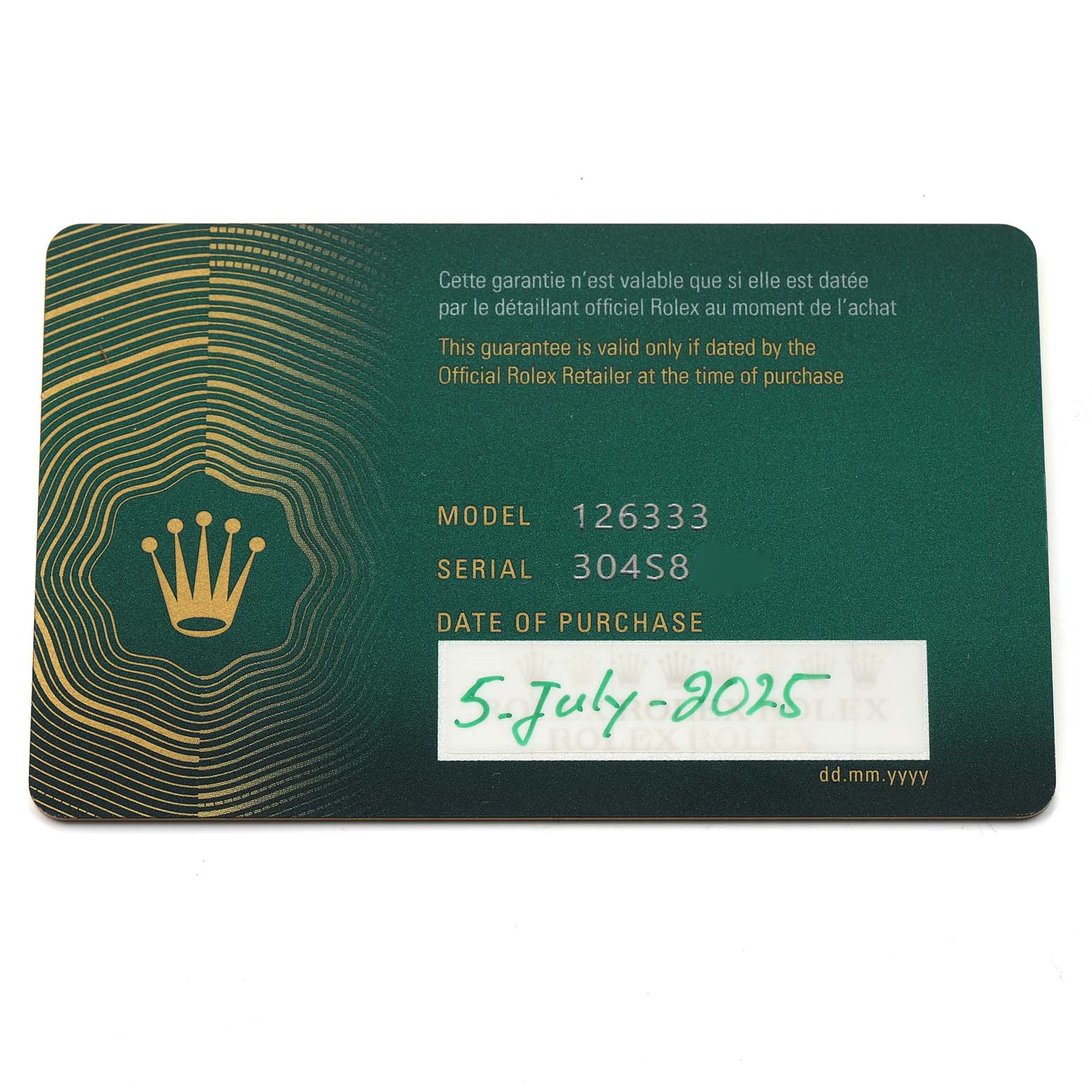 The image shows a warranty card for the Rolex Datejust 41 126333 Men's Steel and Gold (two tone) Black Dial, displaying the model number, serial number, and purchase date.