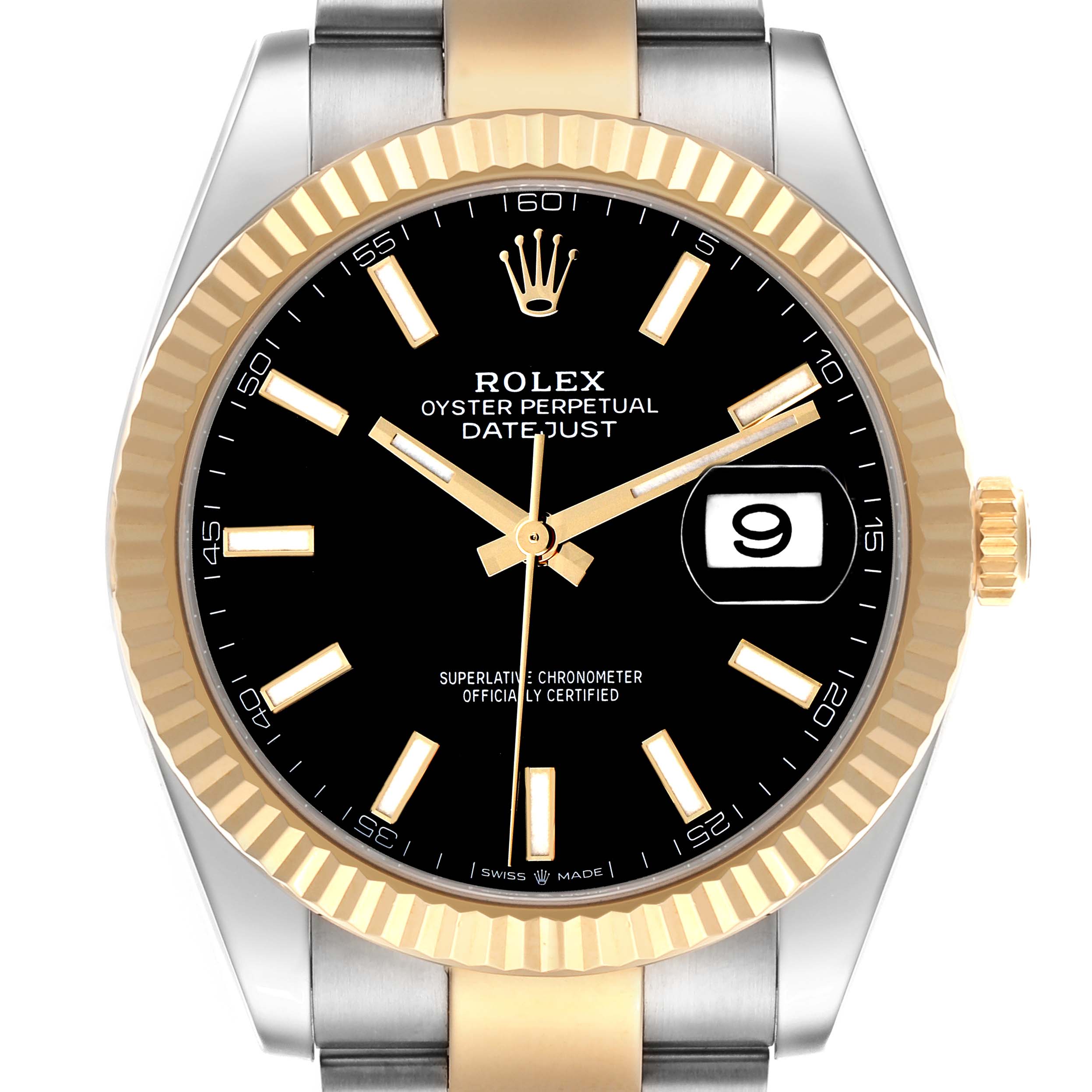 The image shows a front view of the Rolex Datejust 41 126333 Men's Steel and Gold (two tone) Black Dial watch, highlighting its face, fluted bezel, and two-tone bracelet.