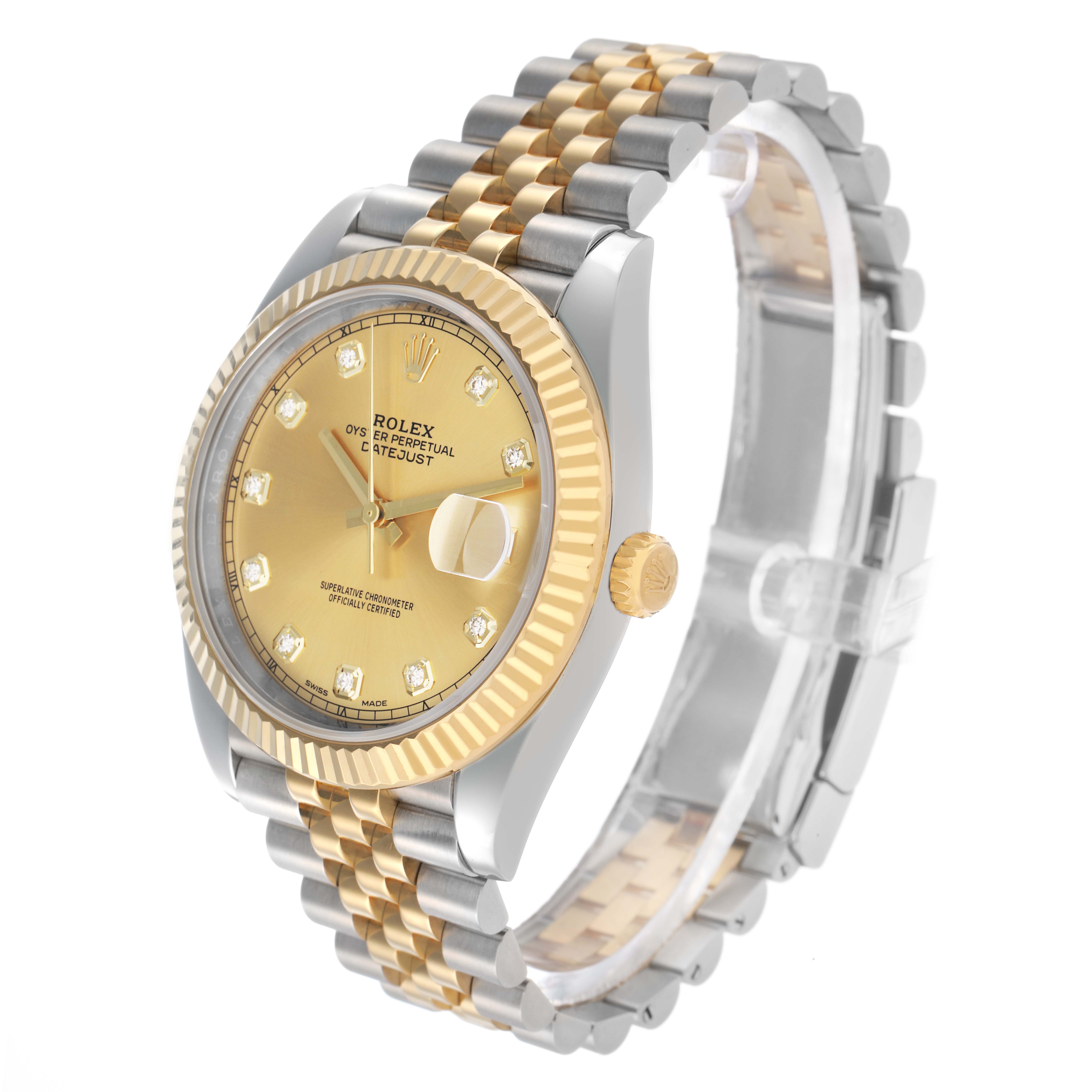 This Rolex Datejust 41 126333 Men
s Steel and Gold (two tone) Champagne Dial is shown at a slight angle, highlighting the dial, fluted bezel, jubilee bracelet, and side profile.
