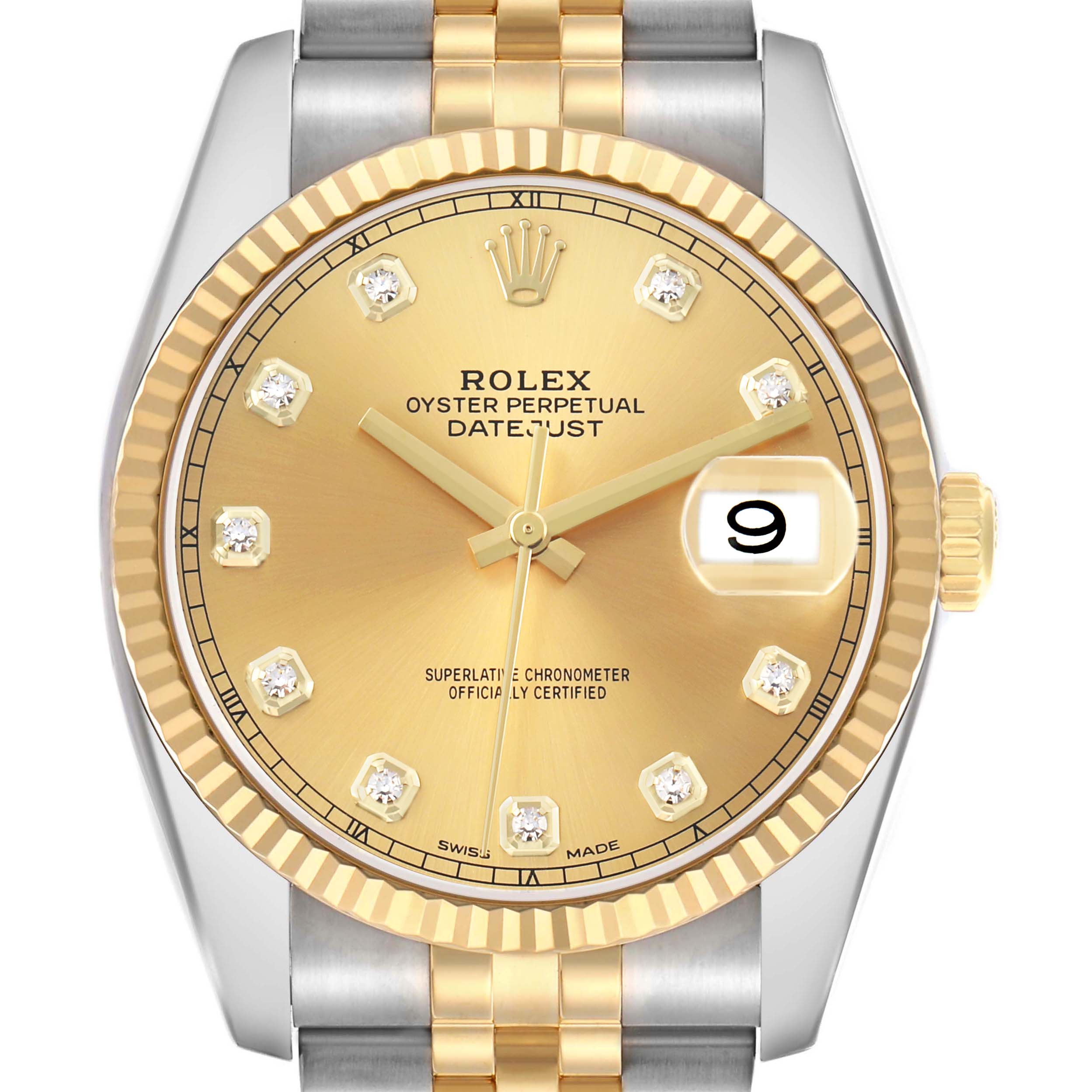 The Rolex Datejust 41 126333 Men
s Steel and Gold (two tone) Champagne Dial is shown from the front, displaying its gold face, fluted bezel, jubilee bracelet, and date window.