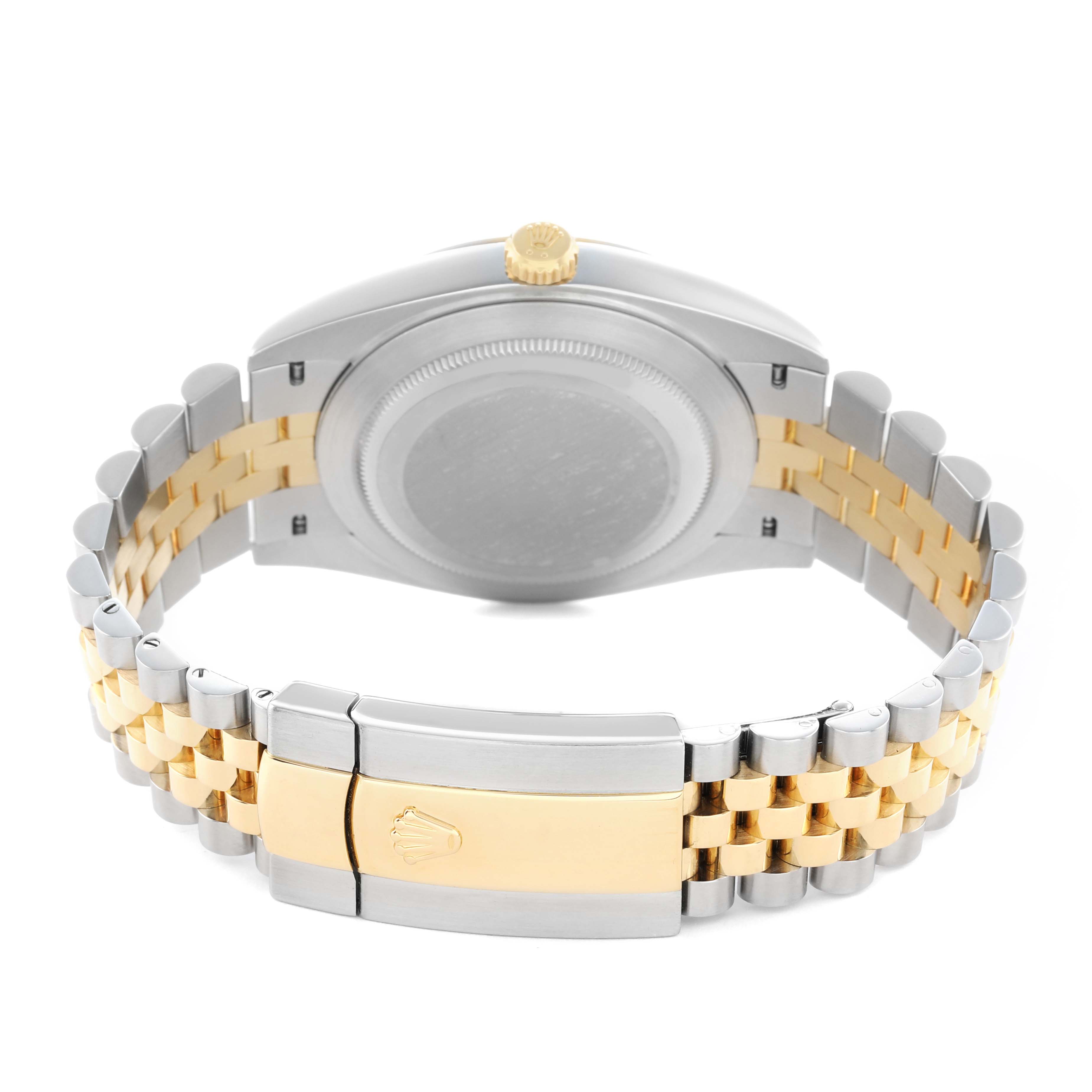 The image shows the back of a Rolex Datejust 41 126333 Men
s Steel and Gold (two tone) Champagne Dial, highlighting the clasp and bracelet from a rear angle.