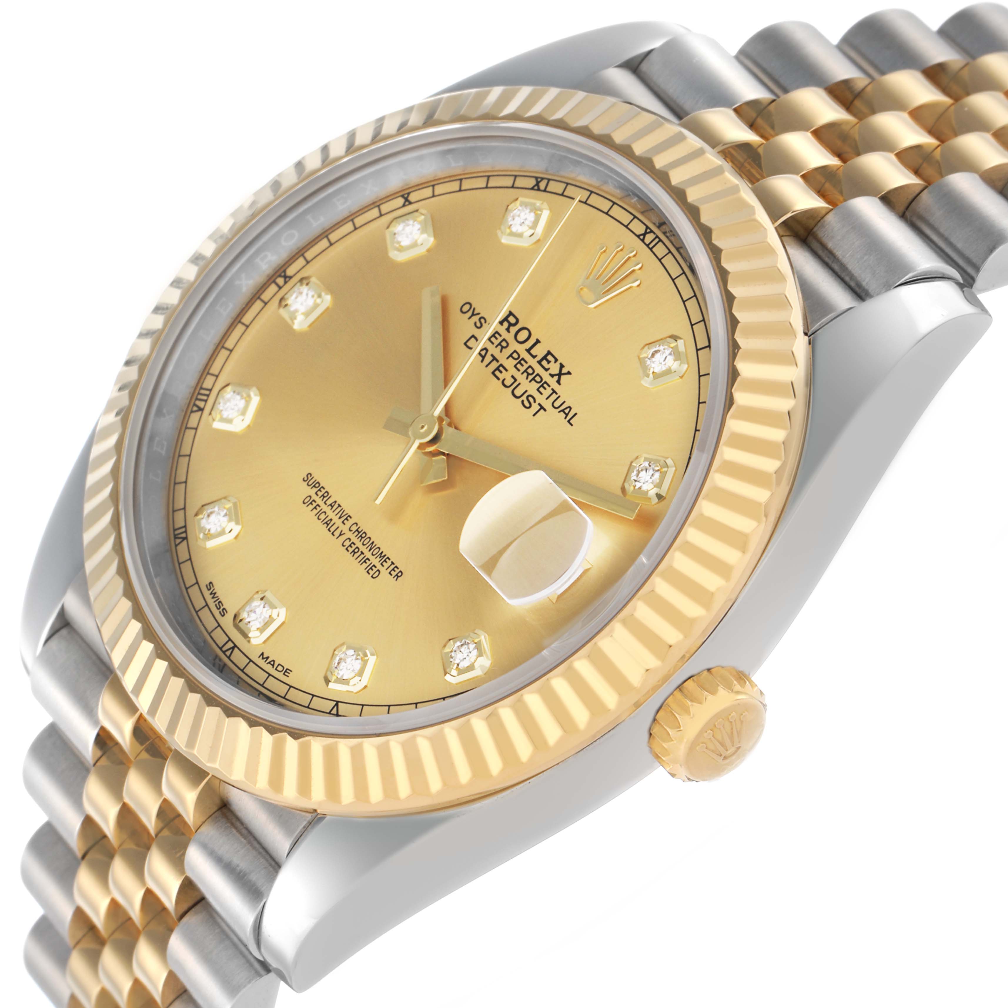 The Rolex Datejust 41 126333 Men
s Steel and Gold (two tone) Champagne Dial watch is shown at an angle displaying its gold dial, fluted bezel, case, crown, and Jubilee bracelet.