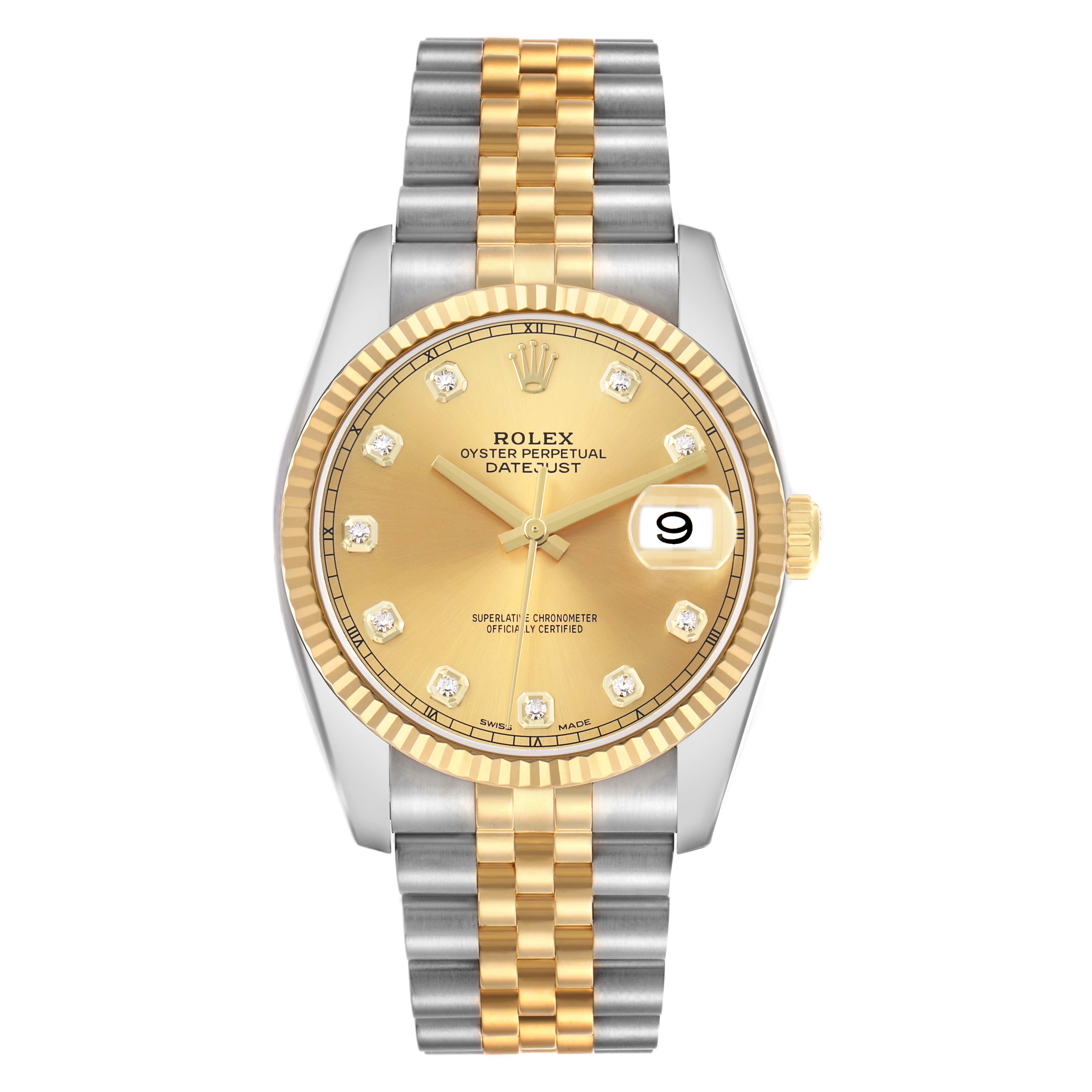 The Rolex Datejust 41 126333 Men
s Steel and Gold (two tone) Champagne Dial is shown from the front, displaying the gold and silver bracelet, fluted bezel, and diamond markers on the dial.