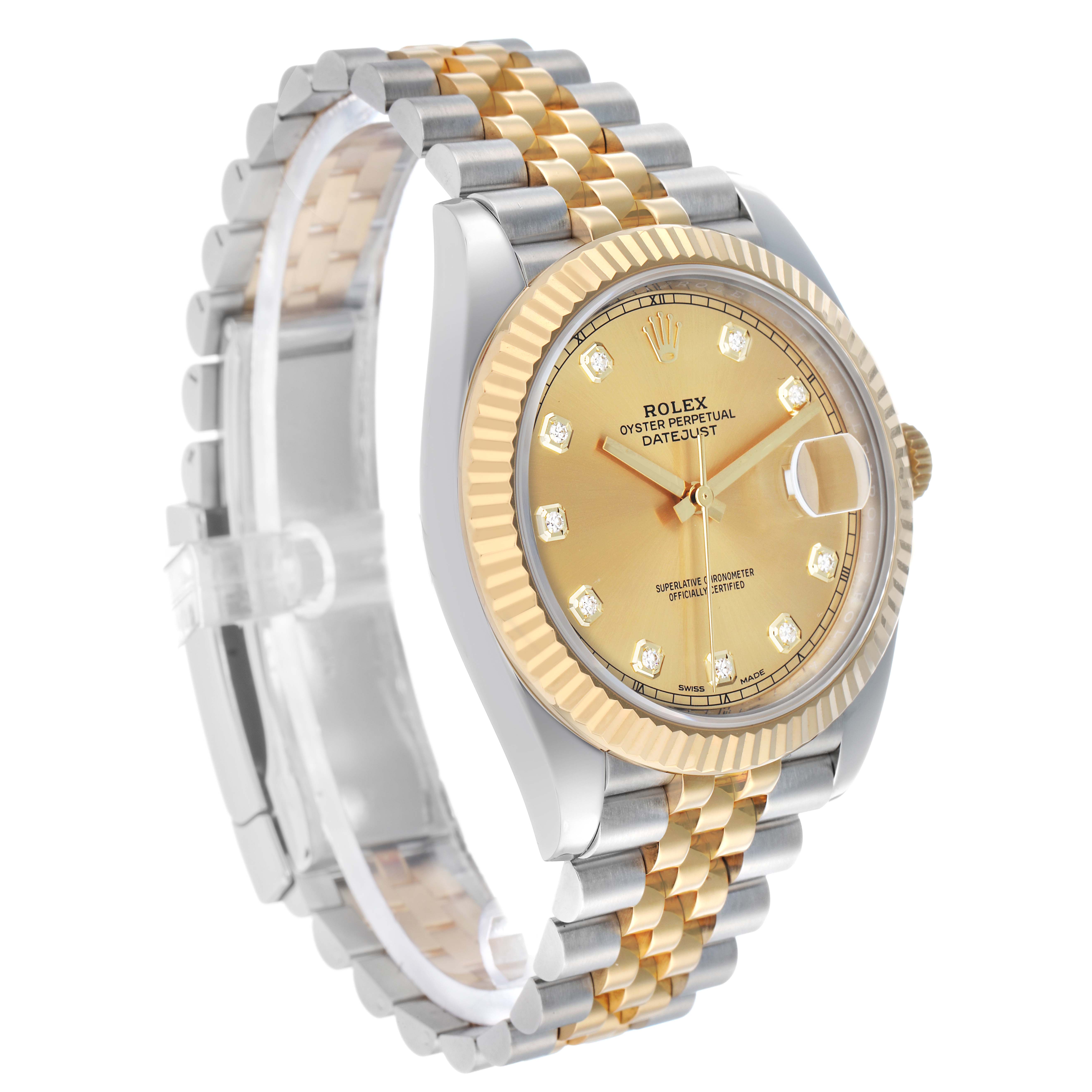 The Rolex Datejust 41 126333 Men
s Steel and Gold (two tone) Champagne Dial is shown at a three-quarter angle, highlighting the fluted bezel, dial, and two-tone bracelet.