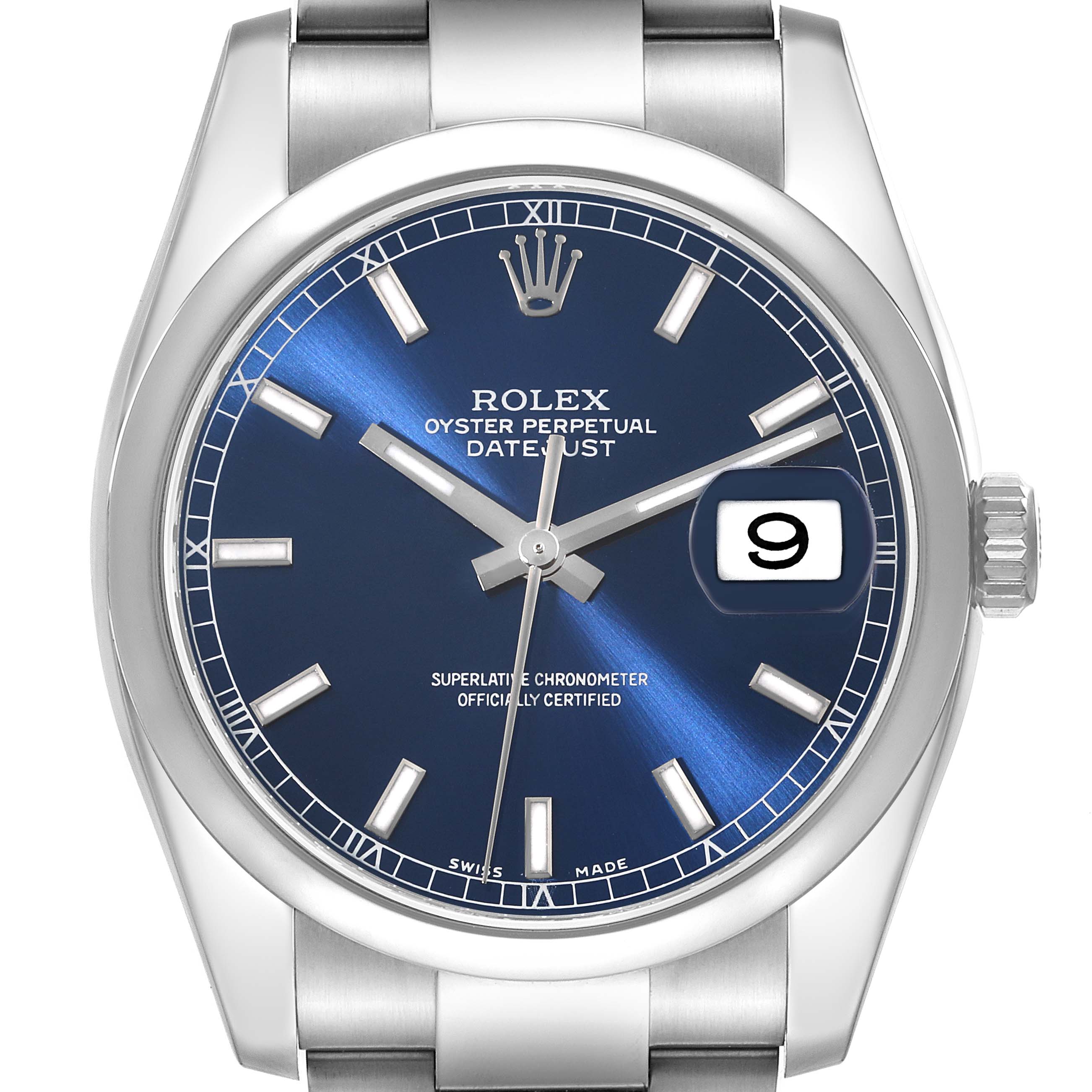 The image shows a front view of the Rolex Datejust 116200 Men's Stainless Steel Blue Dial 116200 Men's Stainless Steel Blue Dial watch, highlighting its blue dial, date display, and stainless steel casing and bracelet.