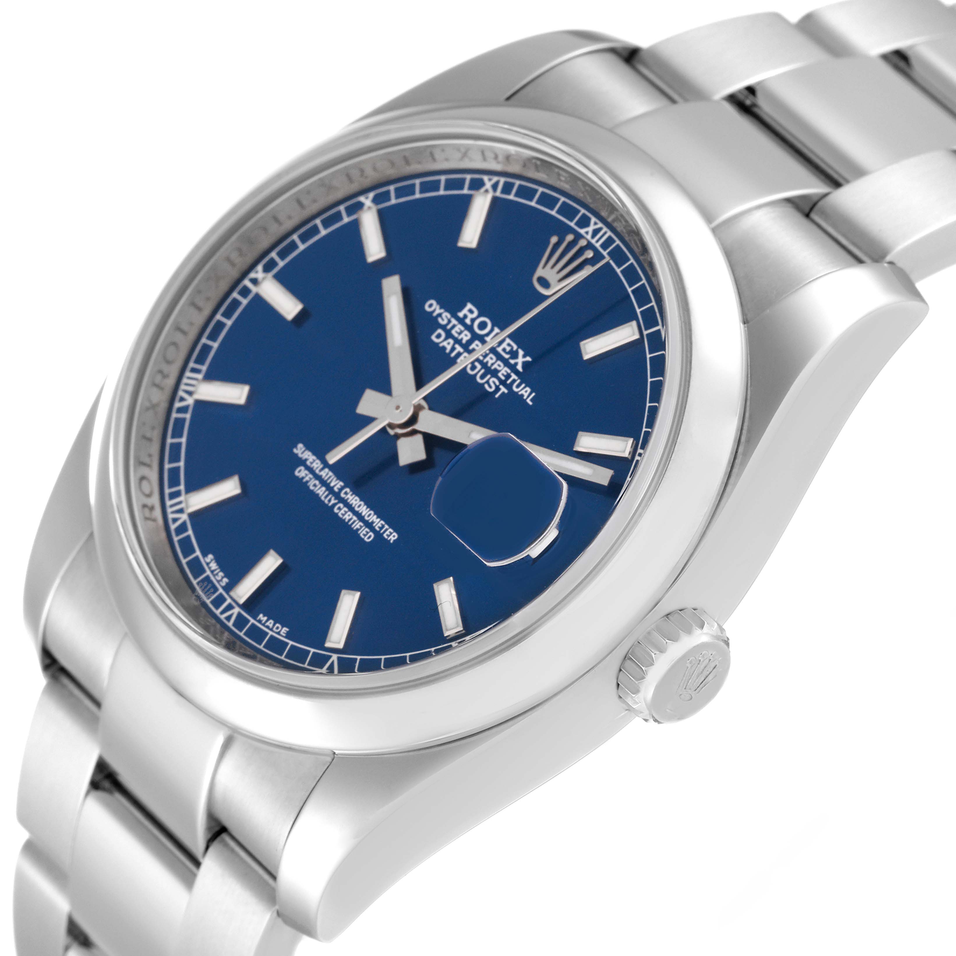 The Rolex Datejust 116200 Men's Stainless Steel Blue Dial 116200 Men's Stainless Steel Blue Dial watch is shown at an angled view highlighting the blue dial, stainless steel case, bracelet, and crown.