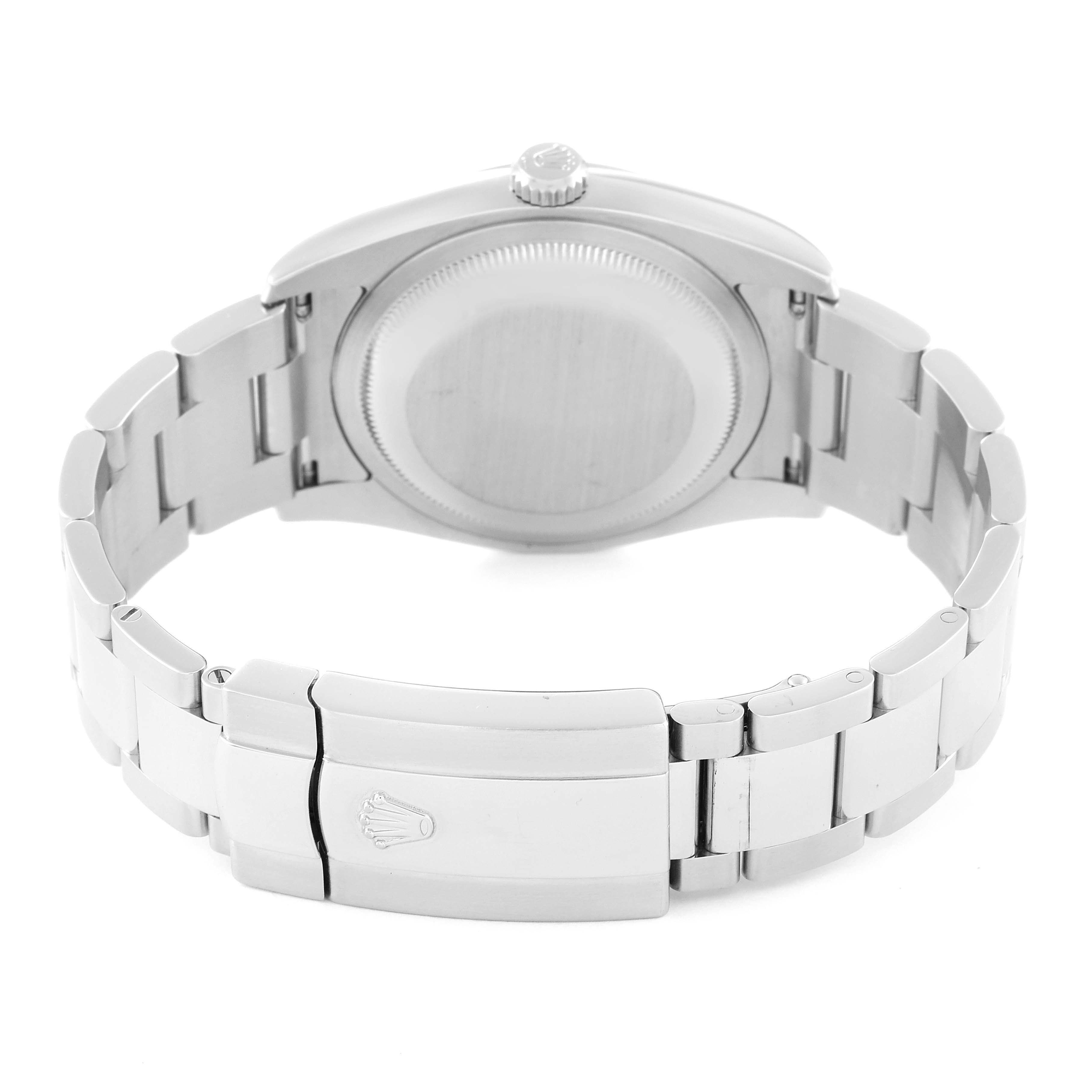 This image shows the back and clasp of a Rolex Datejust 116200 Men's Stainless Steel Blue Dial 116200 Men's Stainless Steel Blue Dial watch from a rear angle.