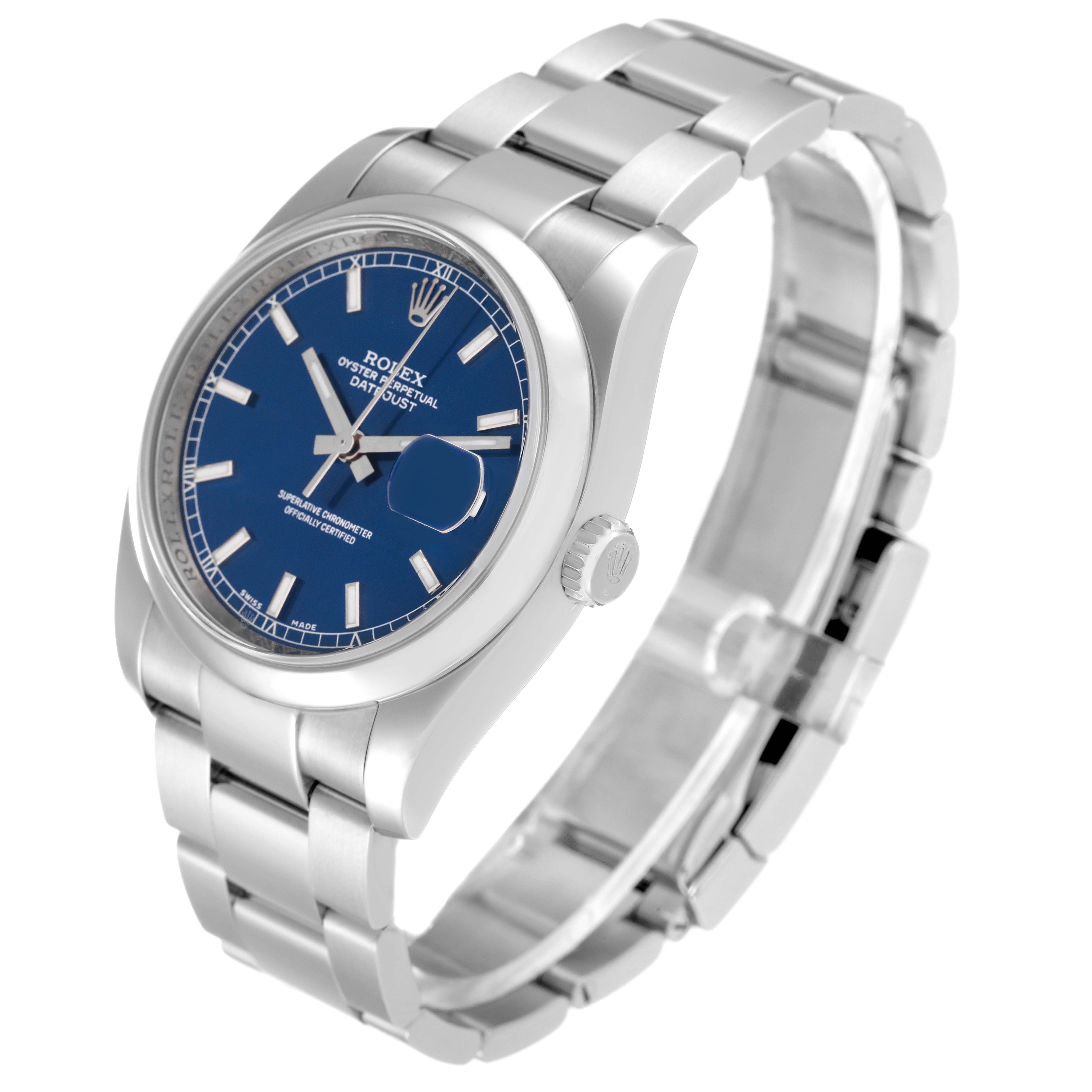 The image shows a side-angle view of a Rolex Datejust 116200 Men's Stainless Steel Blue Dial 116200 Men's Stainless Steel Blue Dial watch, highlighting the blue dial, bracelet, crown, and case.