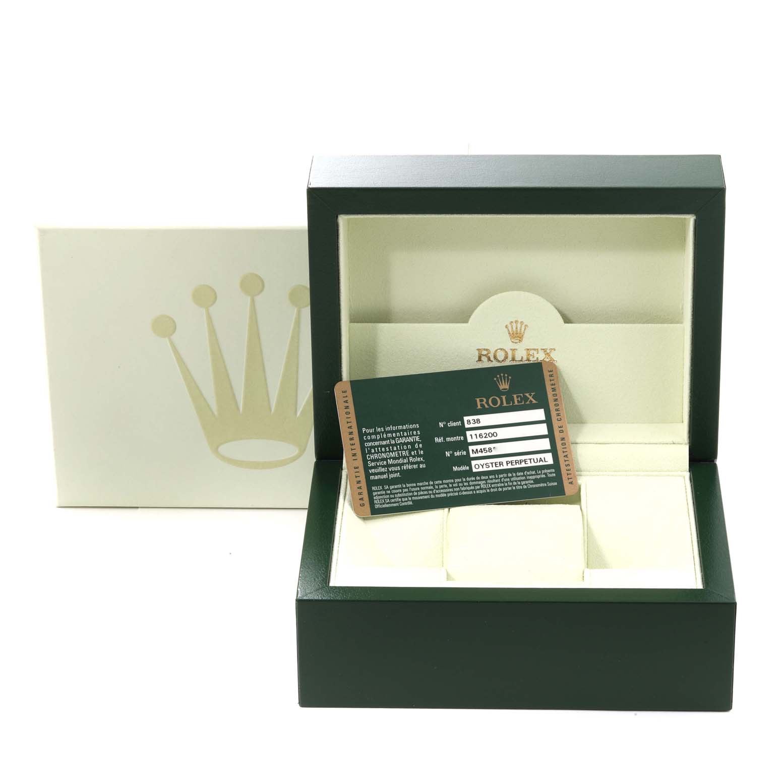 This image shows the open box and certification card for a Rolex Datejust 116200 Men's Stainless Steel Blue Dial 116200 Men's Stainless Steel Blue Dial watch, viewed from the front.