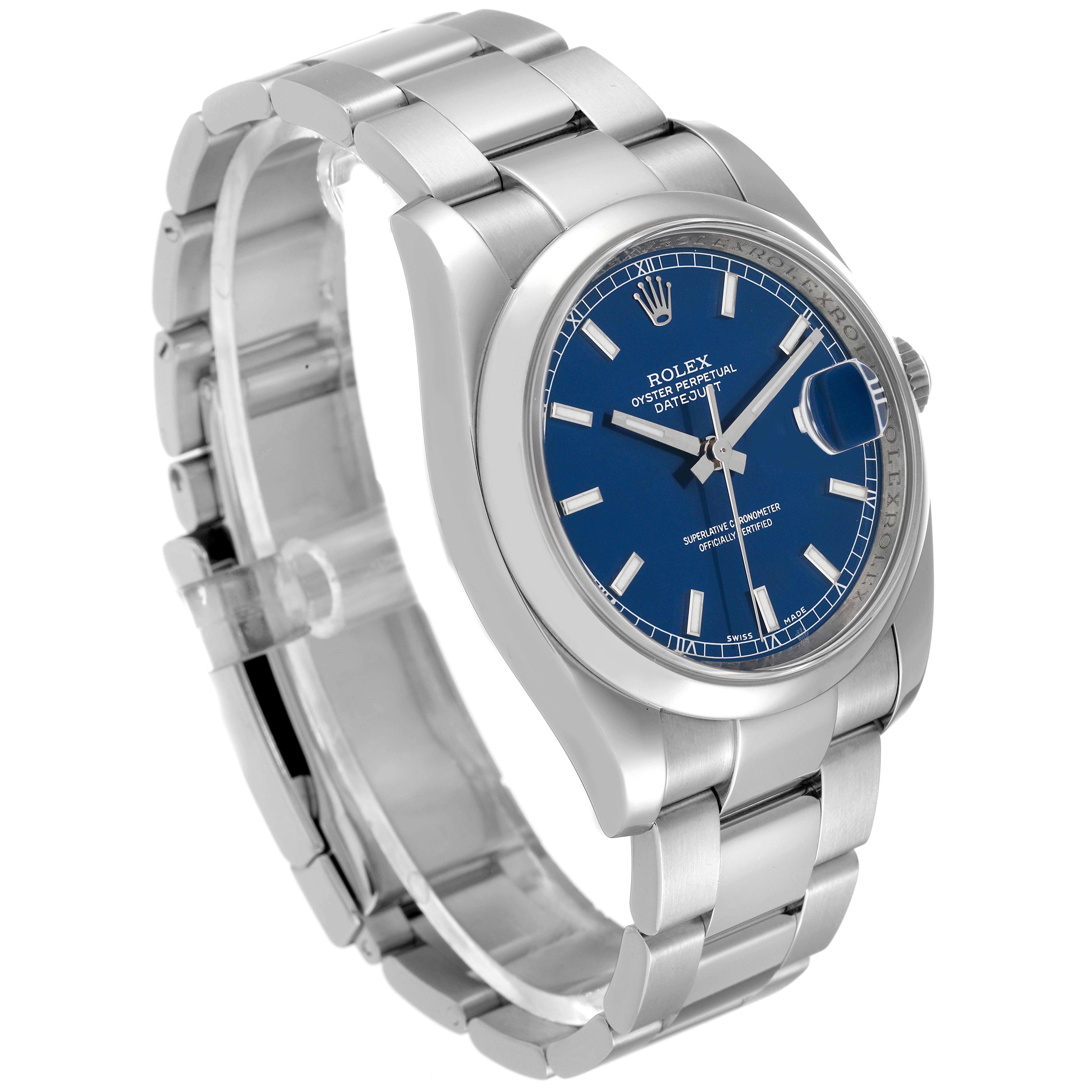The Rolex Datejust 116200 Men's Stainless Steel Blue Dial 116200 Men's Stainless Steel Blue Dial watch is shown at a three-quarter angle, highlighting the blue dial, case, and bracelet.