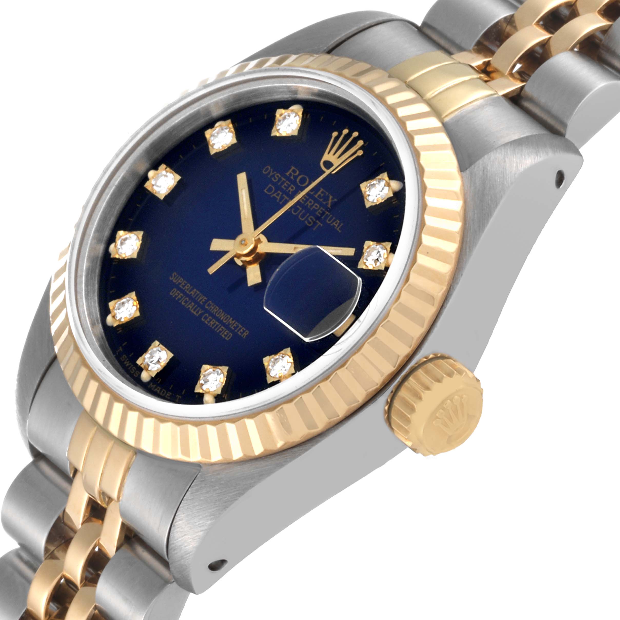 The image shows a close-up angle of the Rolex Datejust 69173 Women's Steel and Gold (two tone) Blue Dial 69173 Women's Steel and Gold (two tone) Blue Dial model, highlighting the crown, dial, bezel, and part of the band.