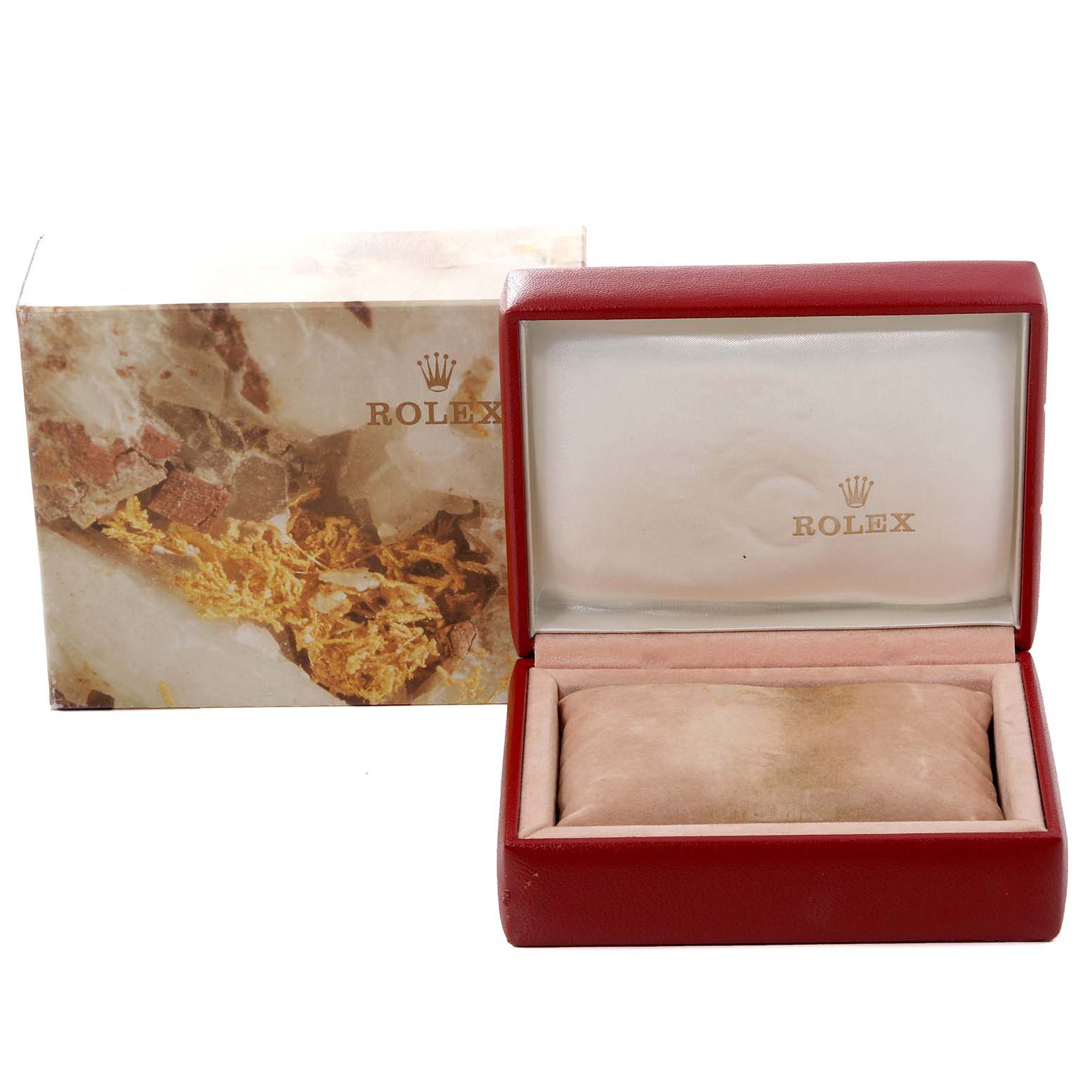 The image shows an open Rolex Datejust 69173 Women's Steel and Gold (two tone) Blue Dial 69173 Women's Steel and Gold (two tone) Blue Dial watch box with a cushion inside and the brand's logo on the interior lid.