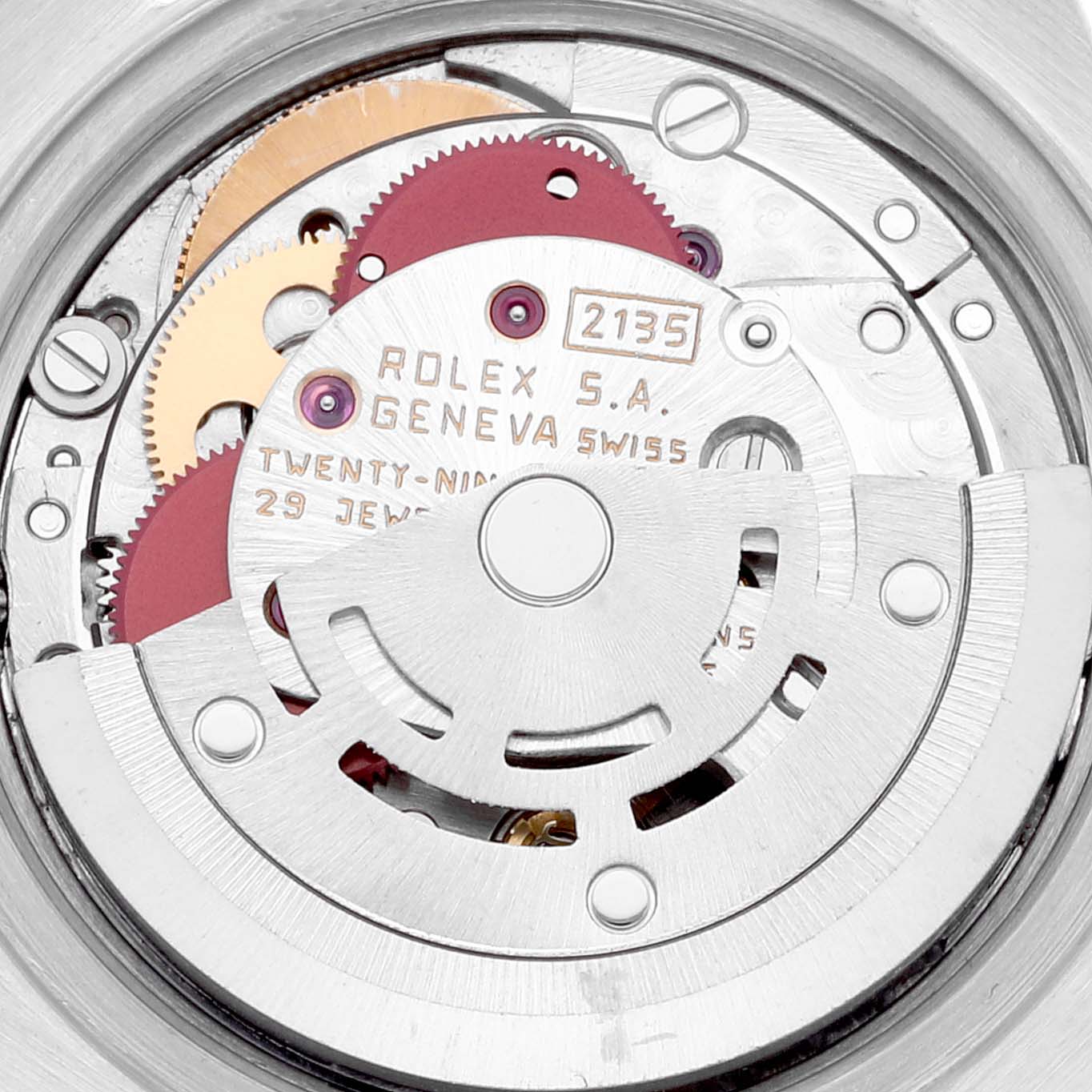 This image shows the internal mechanism of a Rolex Datejust 69173 Women's Steel and Gold (two tone) Blue Dial 69173 Women's Steel and Gold (two tone) Blue Dial watch, specifically the rotor and gear assembly.