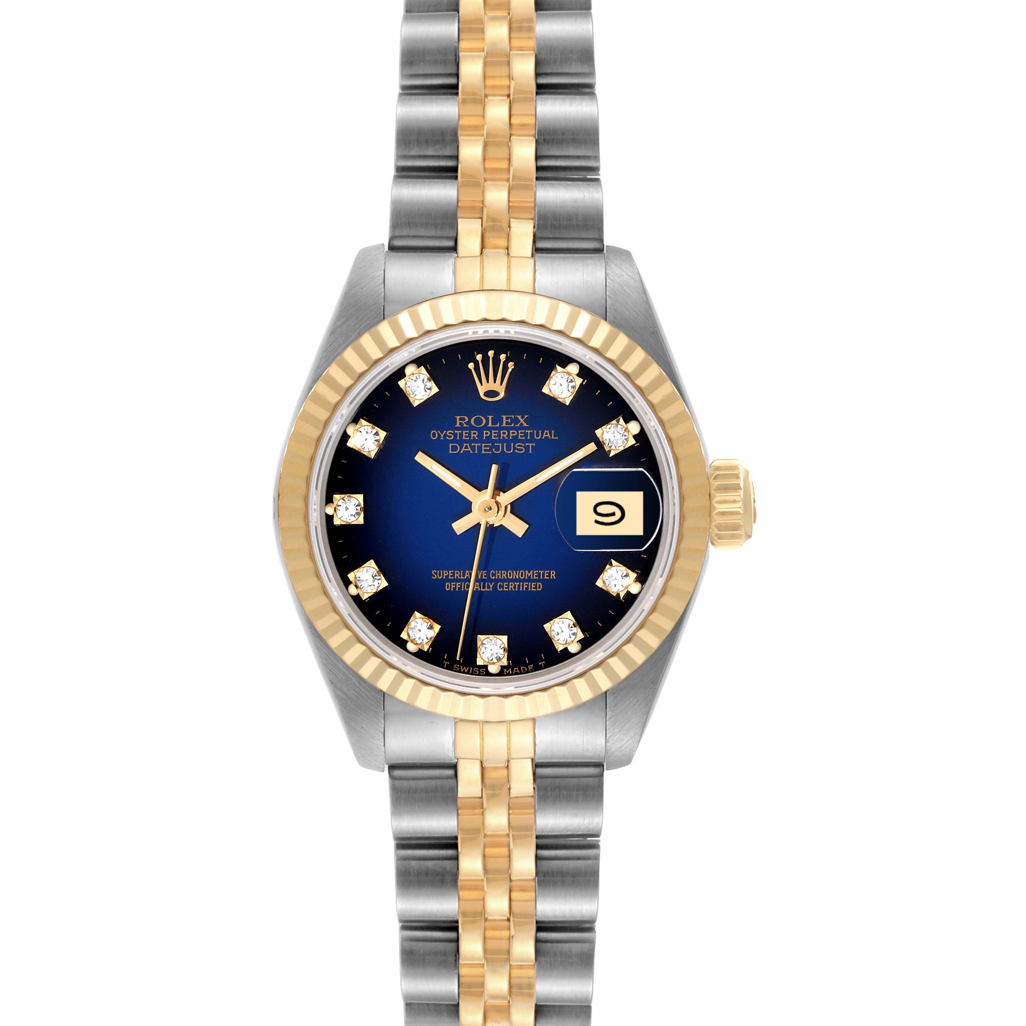 This Rolex Datejust 69173 Women's Steel and Gold (two tone) Blue Dial 69173 Women's Steel and Gold (two tone) Blue Dial watch is shown from the front, displaying its blue dial, gold bezel, and two-tone bracelet.