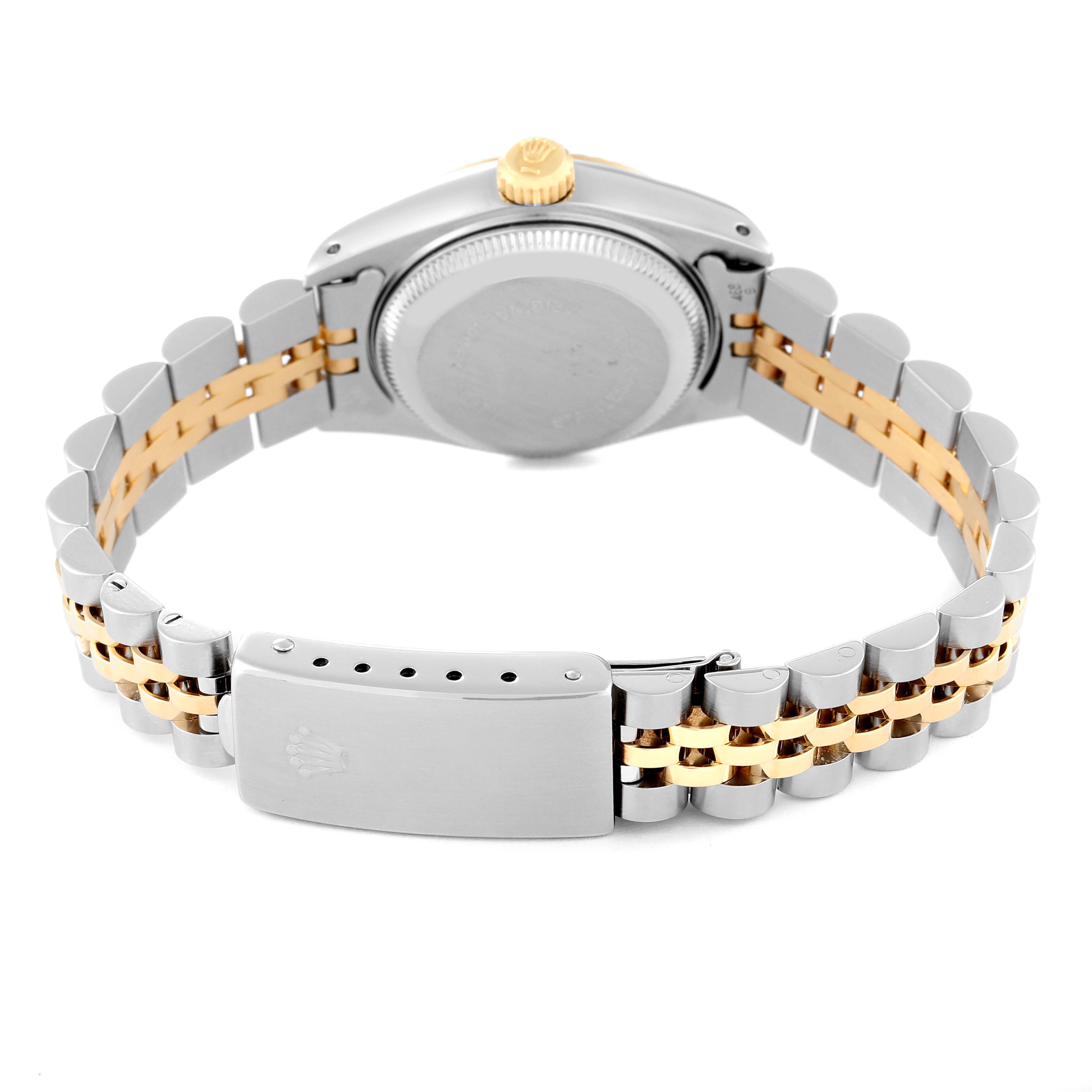 The image shows the back view of a Rolex Datejust 69173 Women's Steel and Gold (two tone) Blue Dial 69173 Women's Steel and Gold (two tone) Blue Dial watch, highlighting its two-tone Jubilee bracelet and clasp.