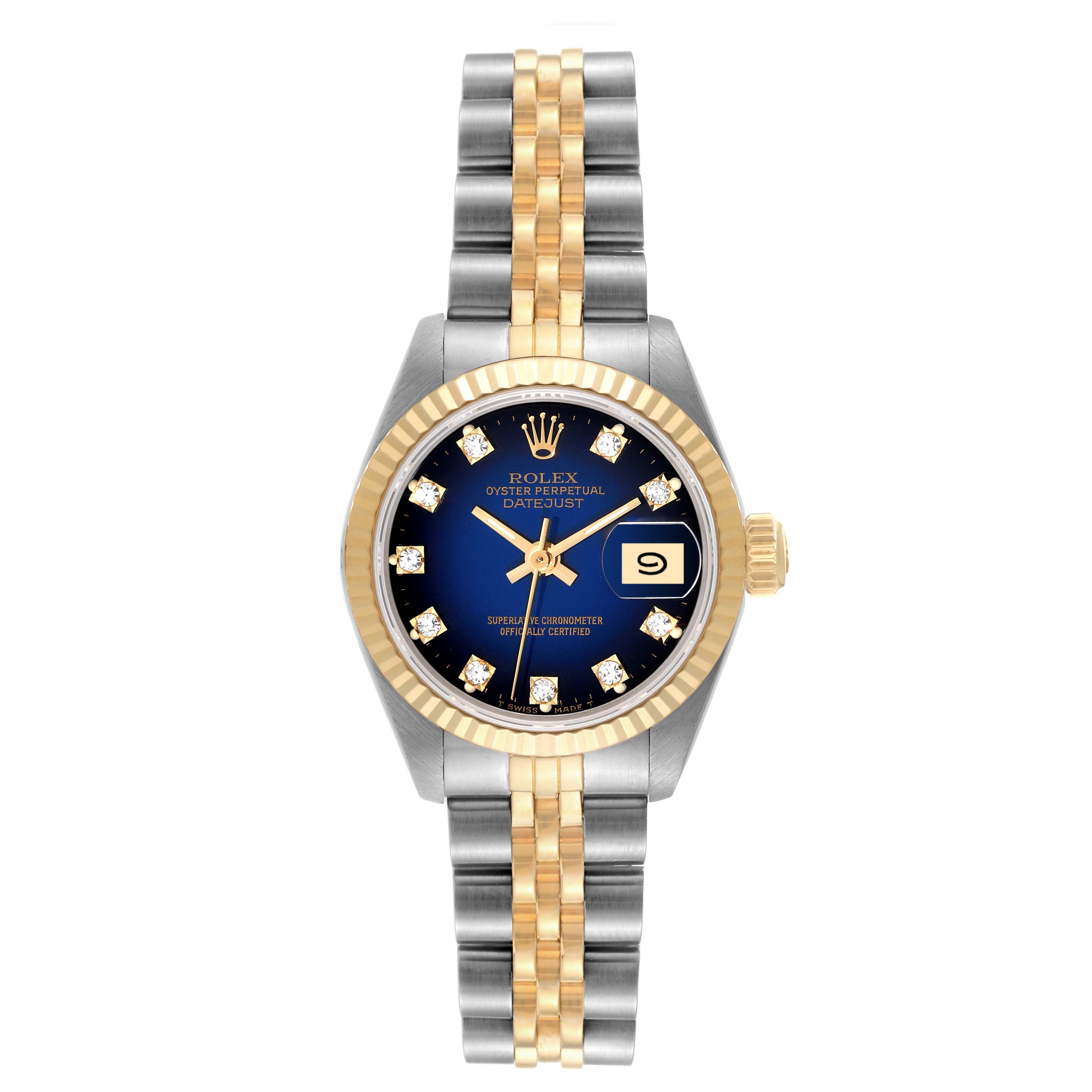 The Rolex Datejust 69173 Women's Steel and Gold (two tone) Blue Dial 69173 Women's Steel and Gold (two tone) Blue Dial watch is shown straight-on, featuring a two-tone bracelet, fluted bezel, blue dial, and date display at 3 o'clock.