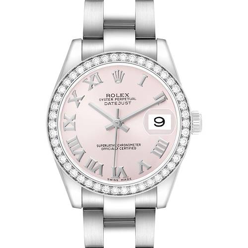 The Rolex Datejust 178384 Women's Stainless Steel Pink Dial watch is shown from the front, highlighting the dial, bezel with diamonds, bracelet, and date window.