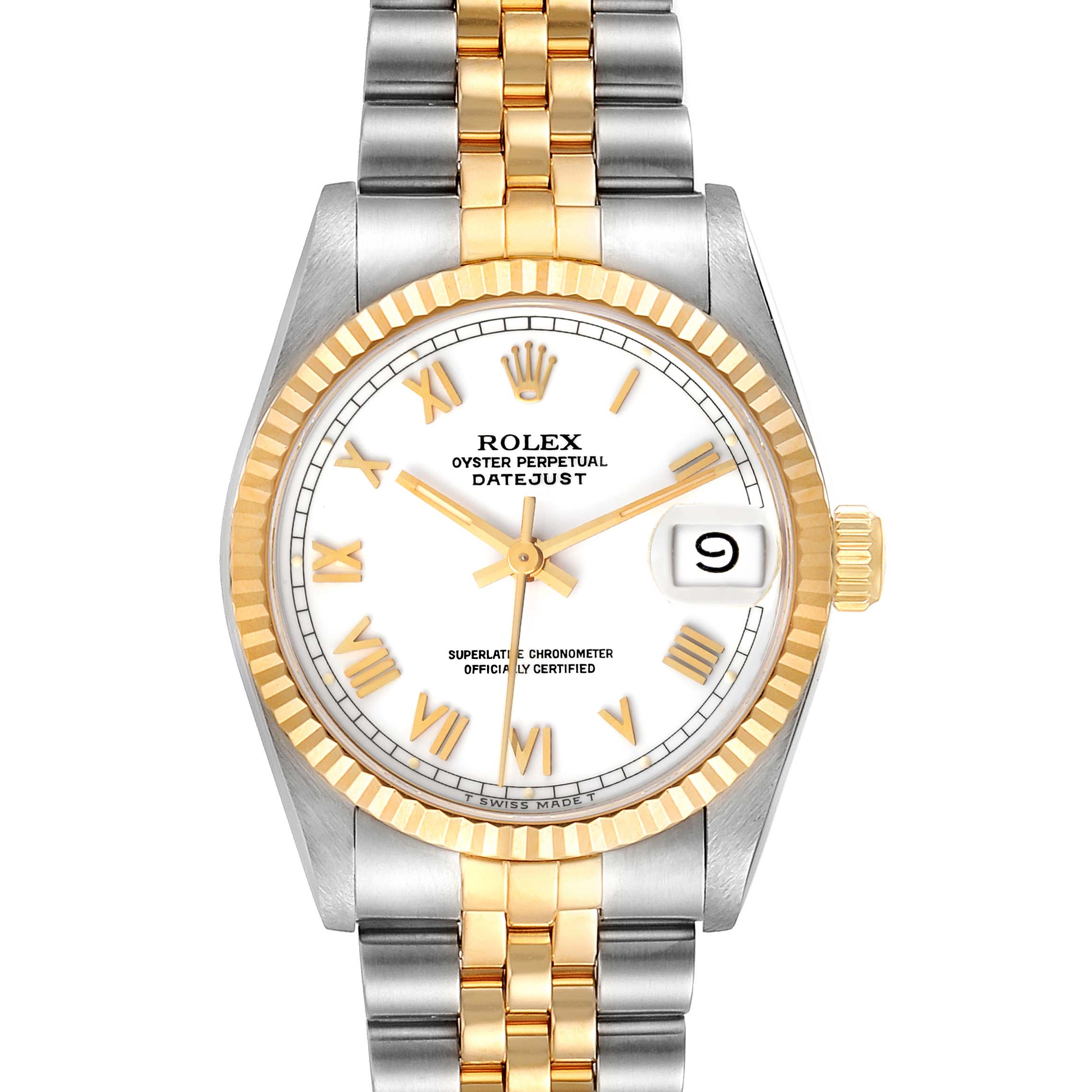 This image shows a front view of a Rolex Mid-Size 68273 Women
s Steel and Gold (two tone) White Dial 68273 Women
s Steel and Gold (two tone) White Dial Datejust watch, highlighting the face, bracelet, bezel, and crown.