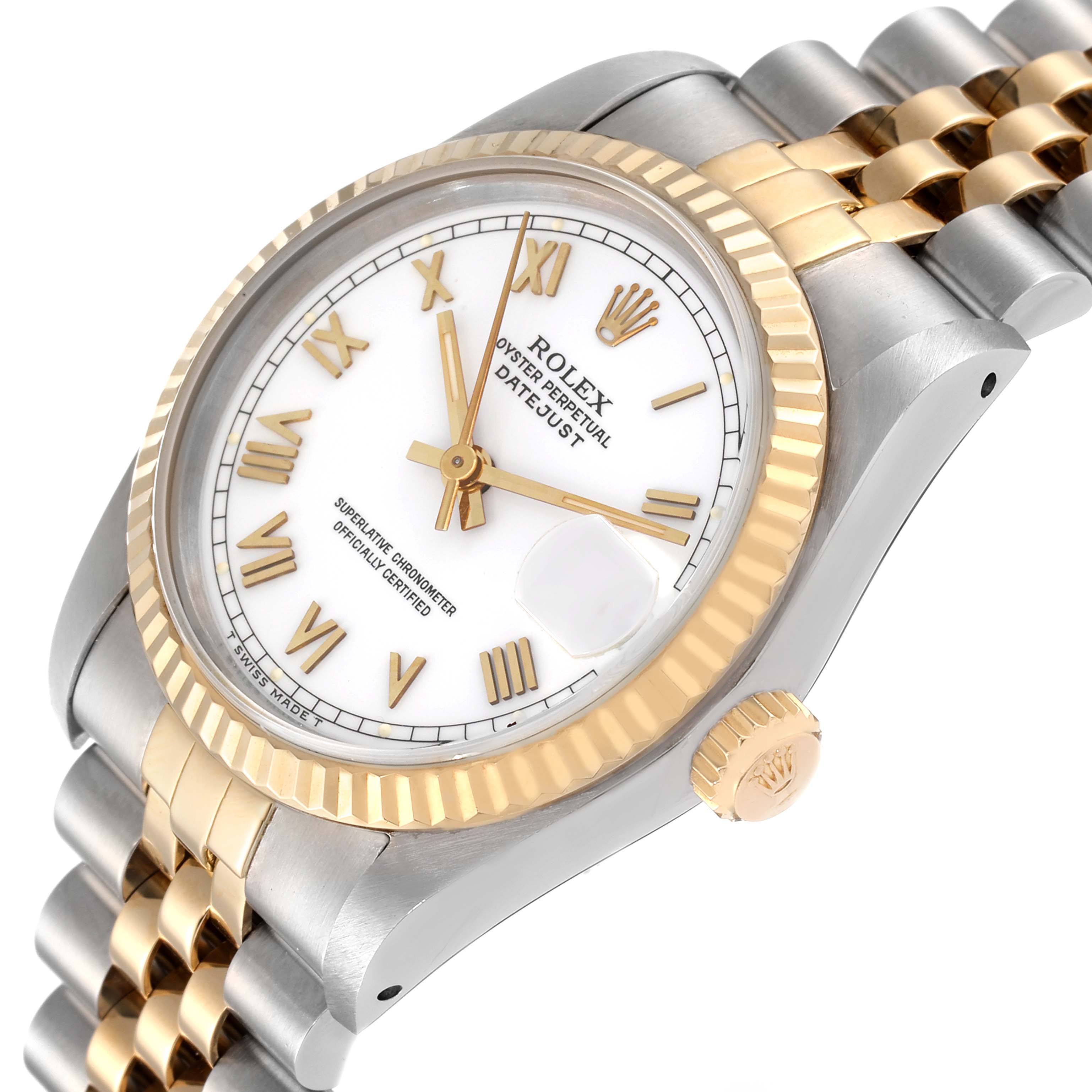 The Rolex Mid-Size 68273 Women
s Steel and Gold (two tone) White Dial 68273 Women
s Steel and Gold (two tone) White Dial model watch is shown at an angled view, displaying the face, crown, and part of the bracelet.