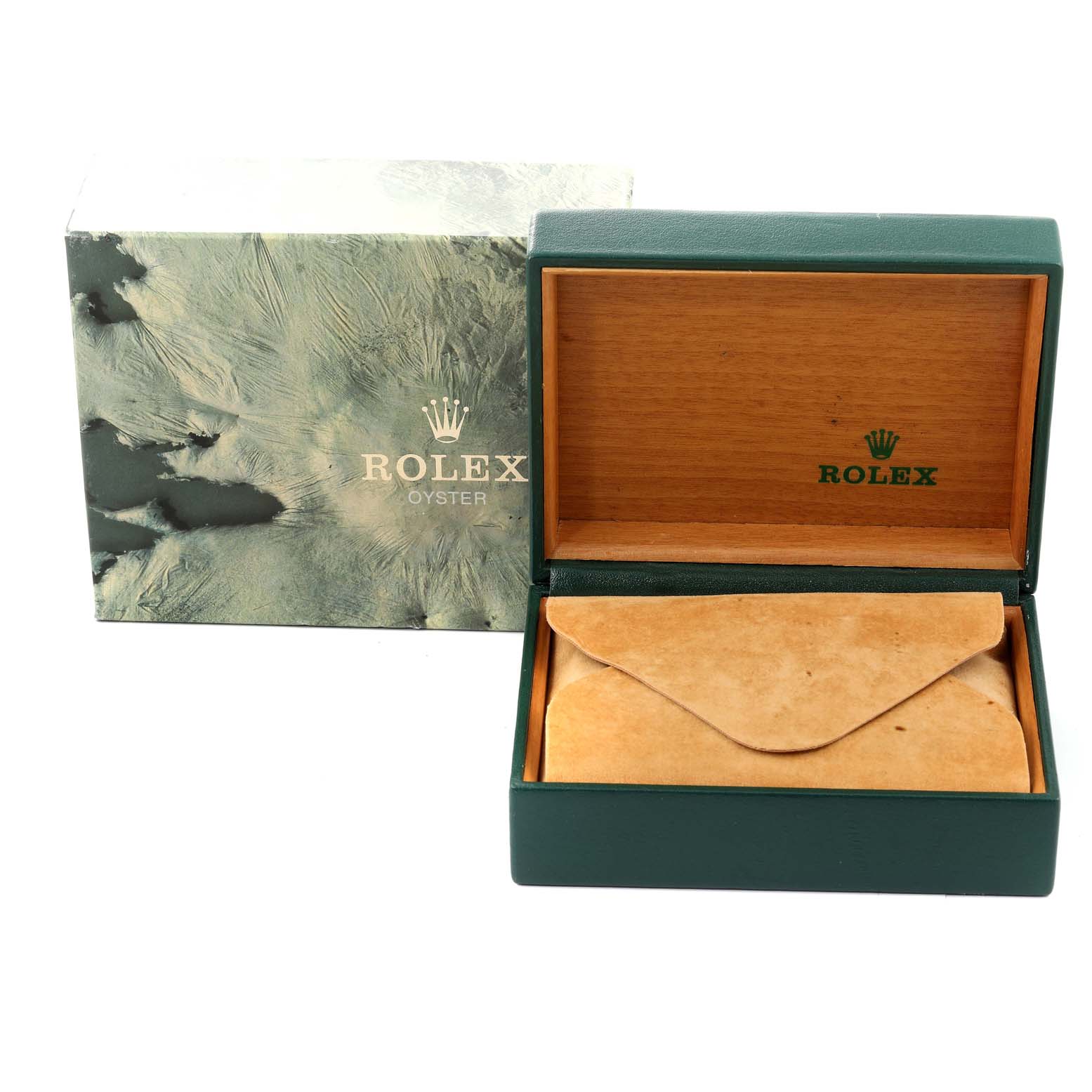 The image shows a Rolex Mid-Size 68273 Women
s Steel and Gold (two tone) White Dial 68273 Women
s Steel and Gold (two tone) White Dial model watch box and a green and wood finish Rolex Oyster case.