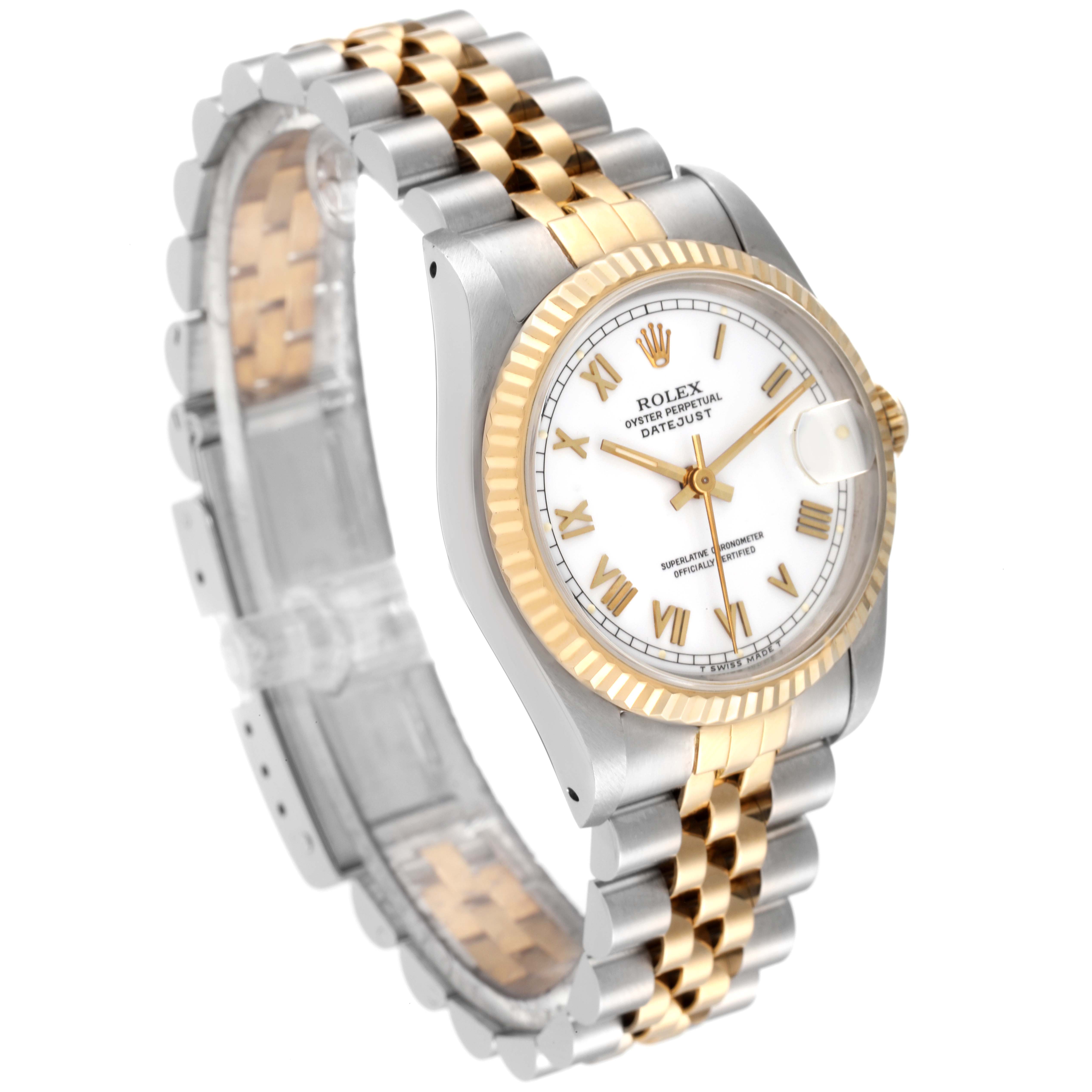 The image shows a Rolex Datejust Mid-Size watch angled to display the dial, bezel, and two-tone Jubilee bracelet.